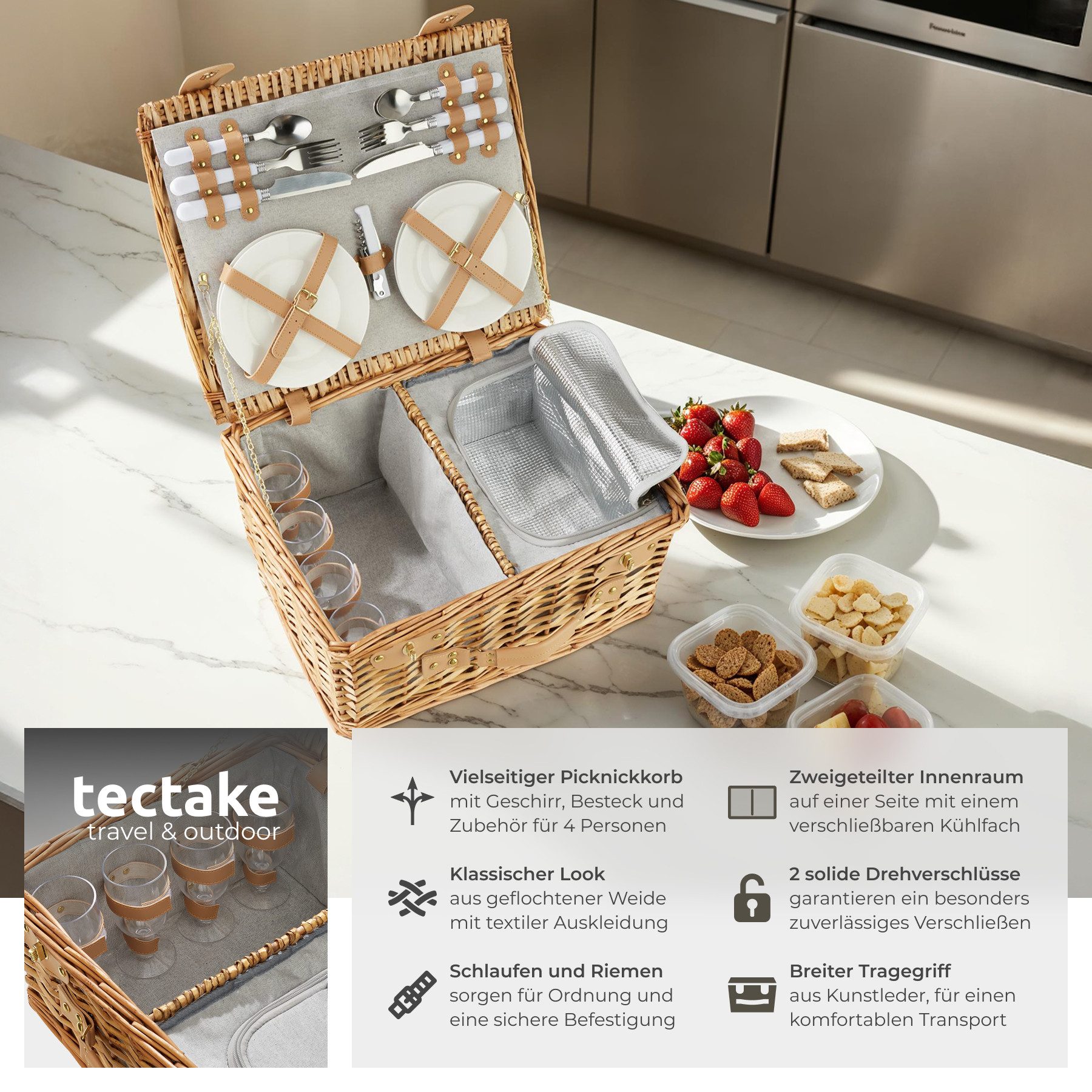 tectake Picknickkorb Föhr (Komplettset, 20-teiliges Geschirrset, günstig online kaufen