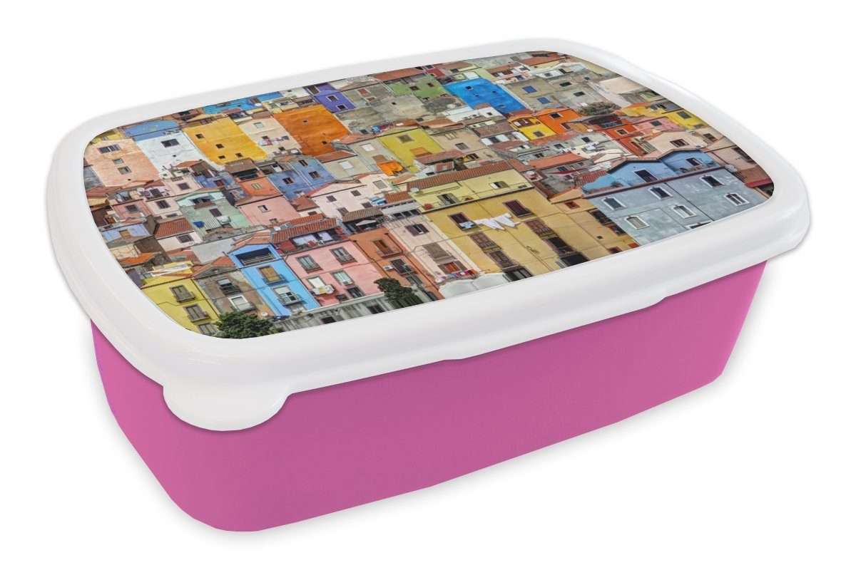 MuchoWow Lunchbox Die bunten Häuser Sardiniens, Kunststoff, (2-tlg), Brotbox für Erwachsene, Brotdose Kinder, Snackbox, Mädchen, Kunststoff rosa