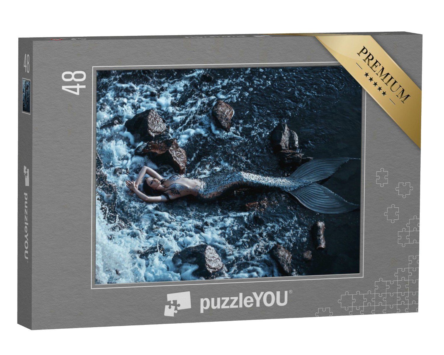 puzzleYOU Puzzle Silberne Meerjungfrau beim Träumen am Ufer, 48 Puzzleteile, puzzleYOU-Kollektionen Fantasy, Meerjungfrau