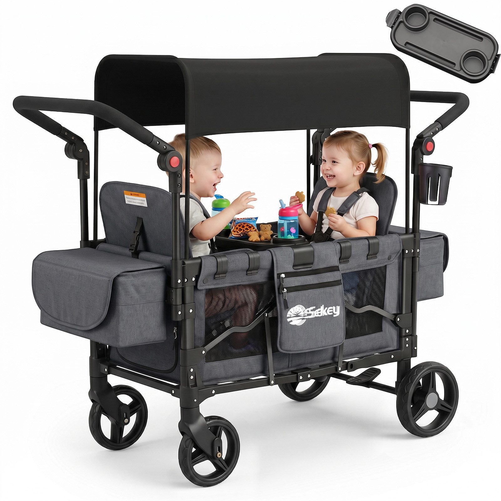Sekey Bollerwagen für Kinder zum Sitzen, Bollerwagen Faltbar Kinderwagen für 2 Kinder, Duo Schiebegriff Kinderwagen mit 2 integrierten 5-Punkt-Gurtsystem