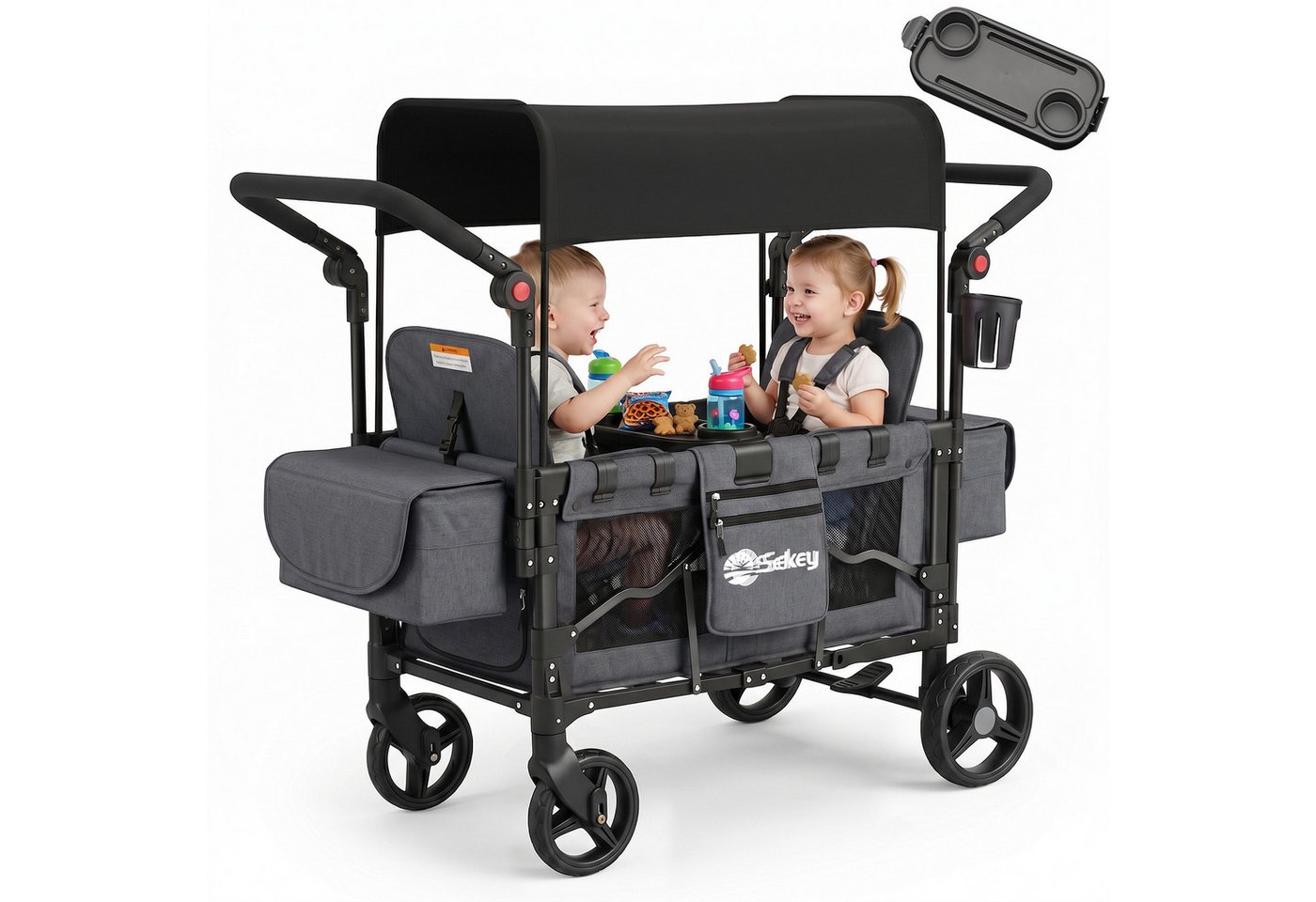 Sekey Bollerwagen für Kinder zum Sitzen, Bollerwagen Faltbar Kinderwagen für 2 Kinder, Duo Schiebegriff Kinderwagen mit 2 integrierten 5-Punkt-Gurtsystem