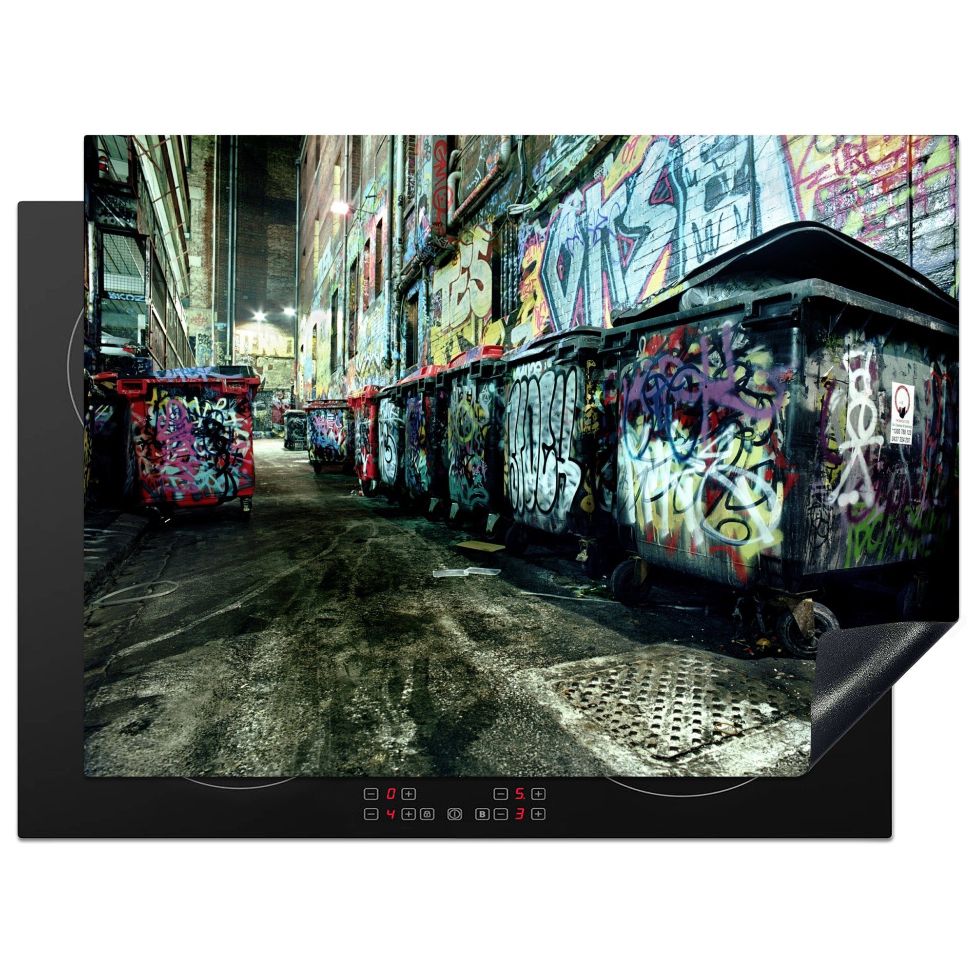 MuchoWow Herdblende-/Abdeckplatte Eine mit Graffiti beschmierte Gasse in Melbourne, Australien, Vinyl, (1 tlg), 71x52 cm, Induktionskochfeld Schutz für die küche, Ceranfeldabdeckung