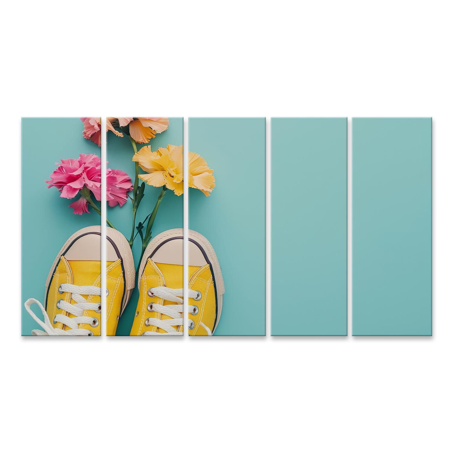 islandburner Leinwandbild Leuchtend gelbe Sneakers stechen hervor, bunte Blumen setzen verspiel