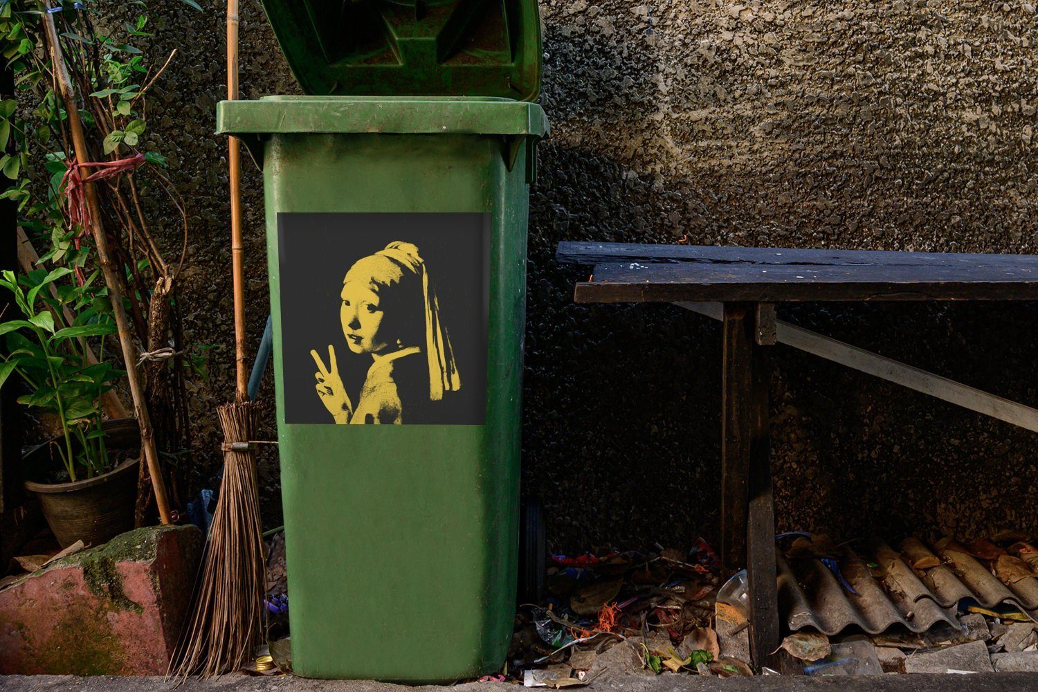 Perlenohrring Mädchen Vermeer Sticker, - Wandsticker MuchoWow St), Abfalbehälter (1 Mülltonne, mit Container, Mülleimer-aufkleber, Kunst -