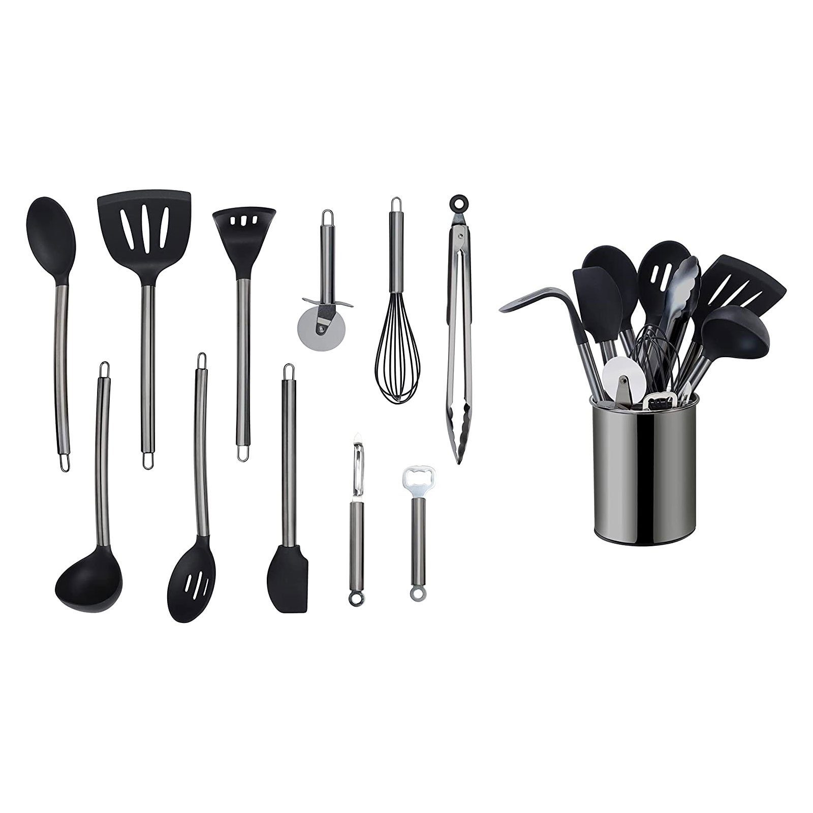 ECHTWERK Küchenorganizer-Set, Kochbesteck mit Edelstahlgriff, Kochset mit Utensilienhalter, Black Schwarz