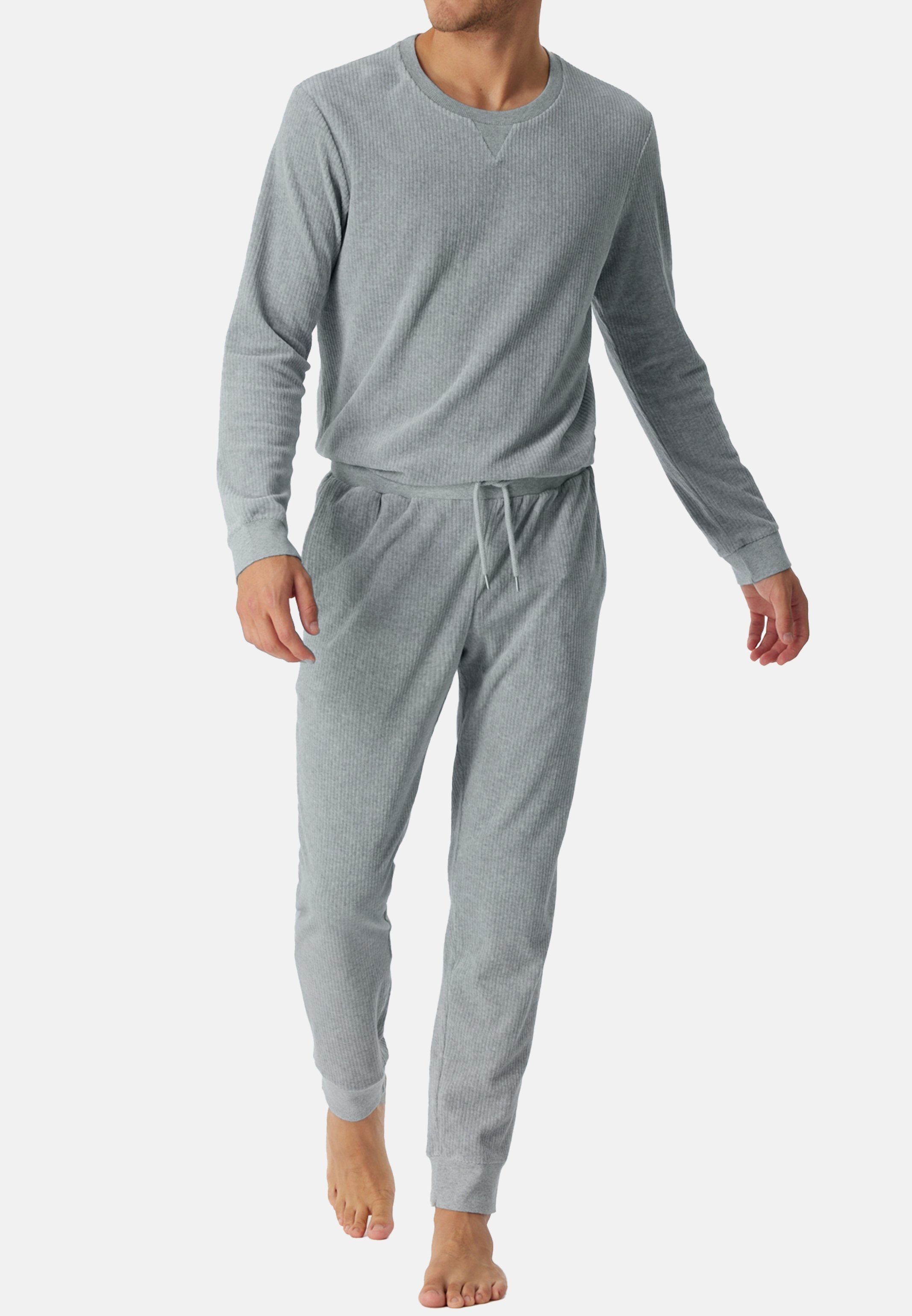 - der - Pyjama (Set, auf Schiesser 2 Velour Angenehm Melange Schlafanzug Warming Baumwolle Haut tlg) Nightwear Grau