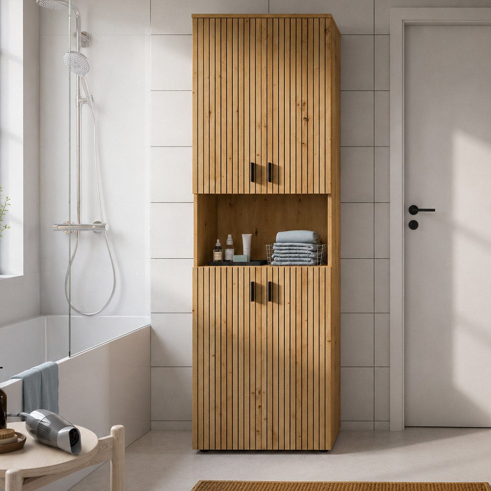 Lomadox Hochschrank MACKAY-158 60 cm breit in Eiche, gerillte Fronten