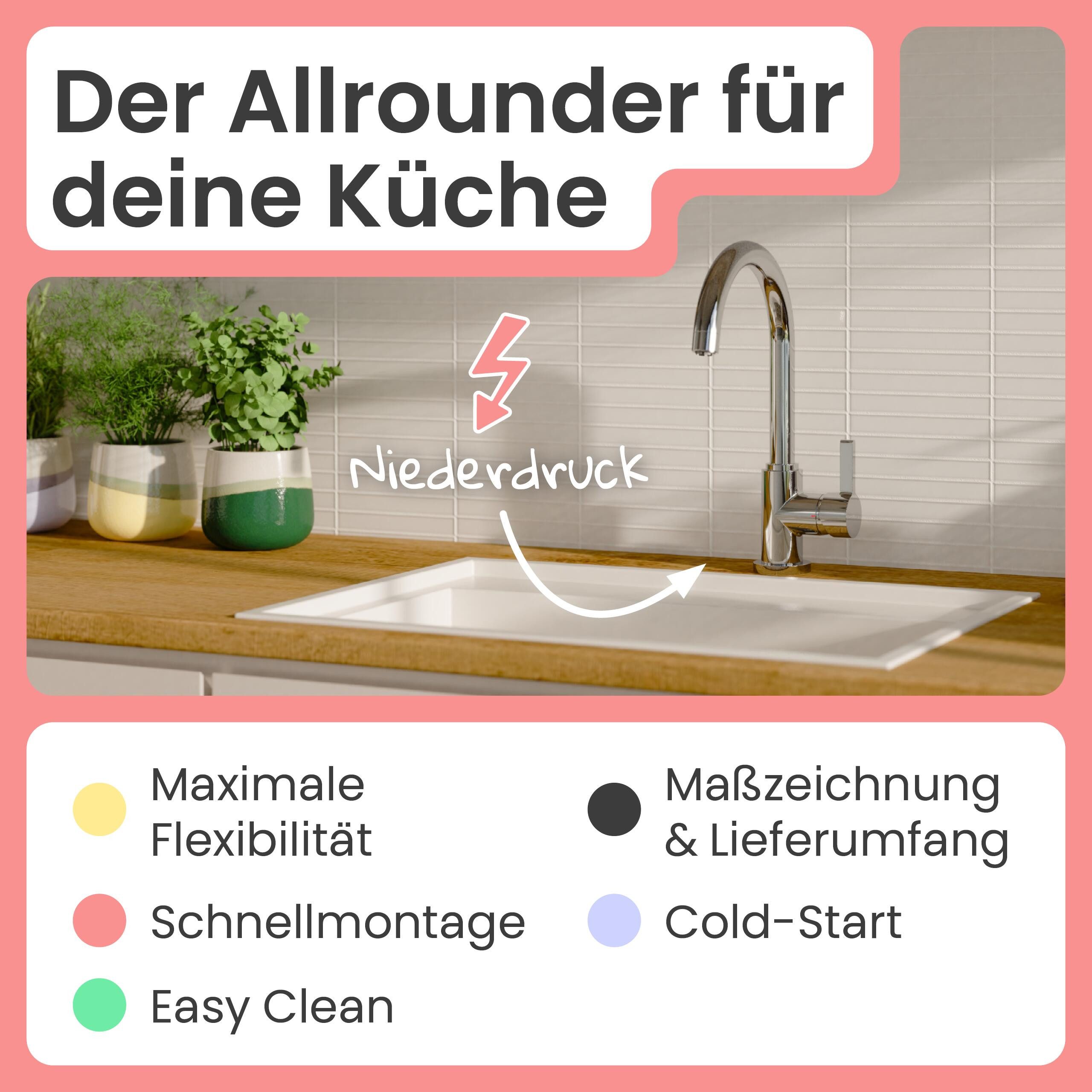 instmaier Spültischarmatur Leona 360° schwenkbar, Niederdruckarmatur, Chrom-Finishing