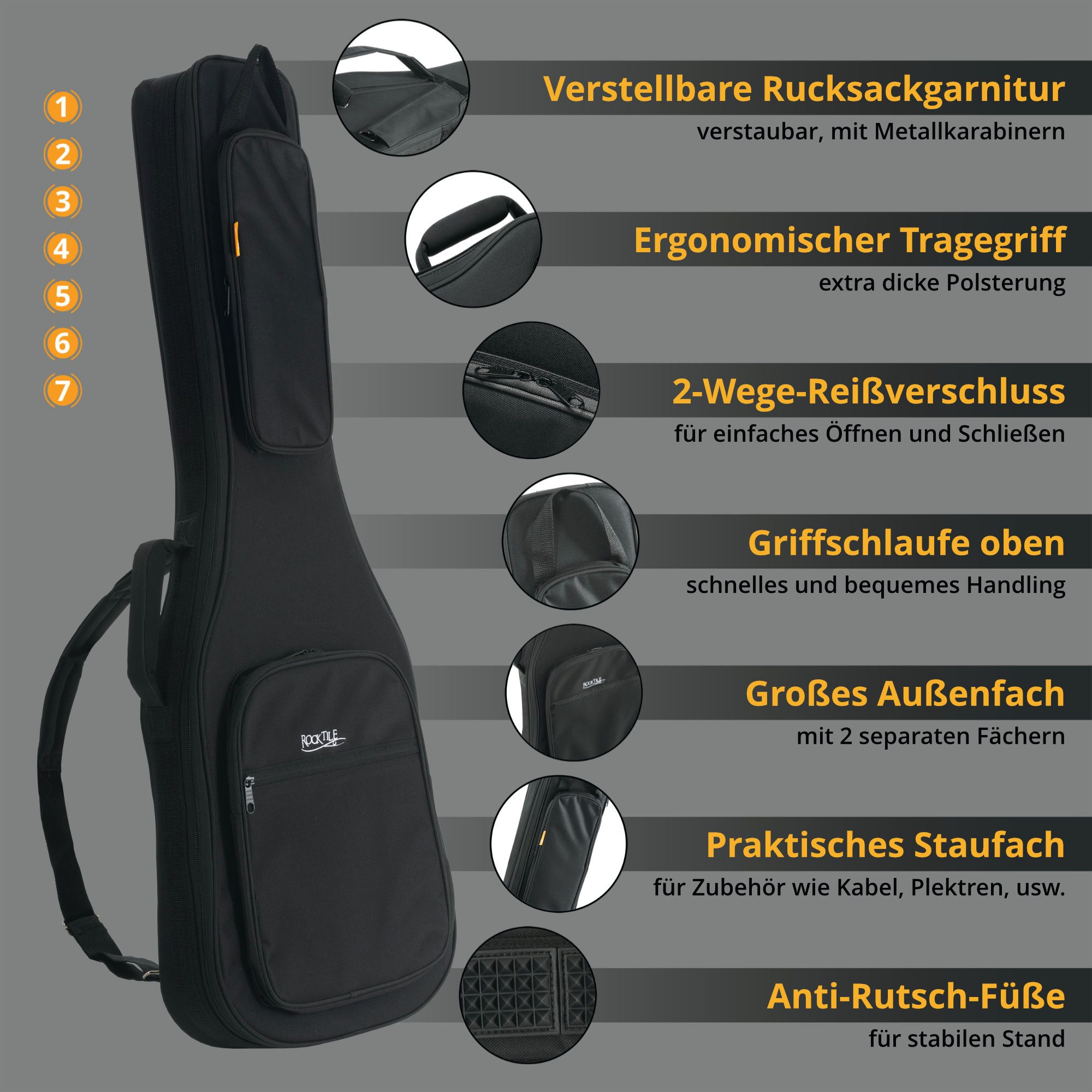 Rocktile Gitarrentasche EGSC-1122BK Softcase für E-Gitarre - Passgenau für jede E-Gitarre, gepolsterter E-Gitarren-Softcase mit Rucksackgarnitur