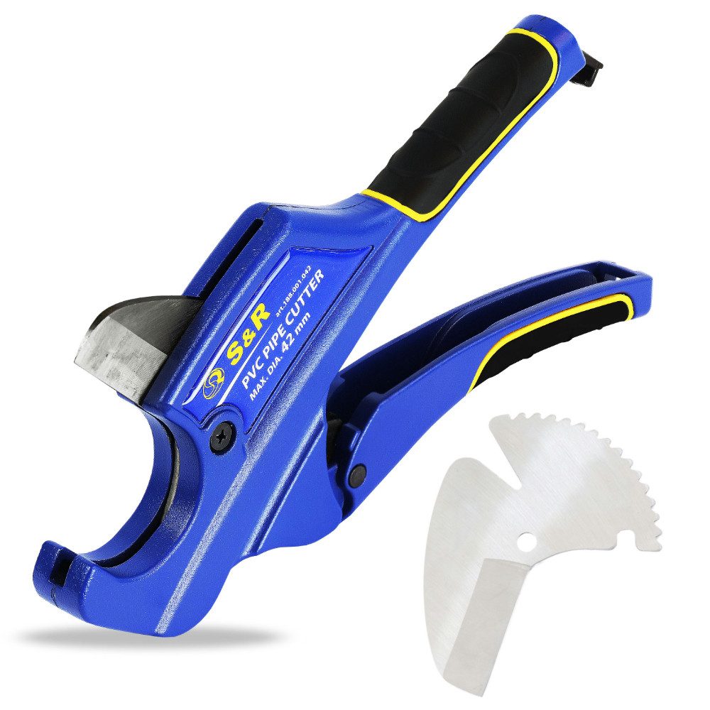 S&R Rohrschneider mit 2 Klingen, Ratschen-Rohrschere, Edelstahl-Klinge HRC 54, (1-tlg., + Ersatzklinge), für Kunststoff-Rohre bis 42 mm aus PVC, CPVC, PE-X, PE, PP-R
