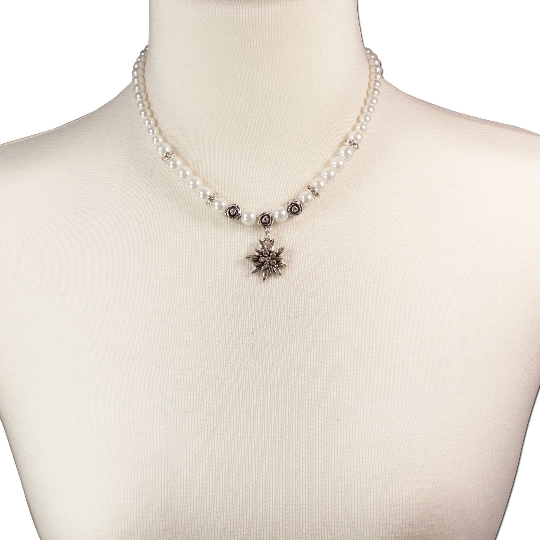 Alpenflüstern Ketten-Set Trachtenschmuck-Set Perlen-Trachtenkette und Trachten-Ohrhänger Strass-Edelweiß (creme-weiß), - Damen-Trachten-Schmuck, Trachtenset Dirndl-Kette und Trachten-Ohrringe