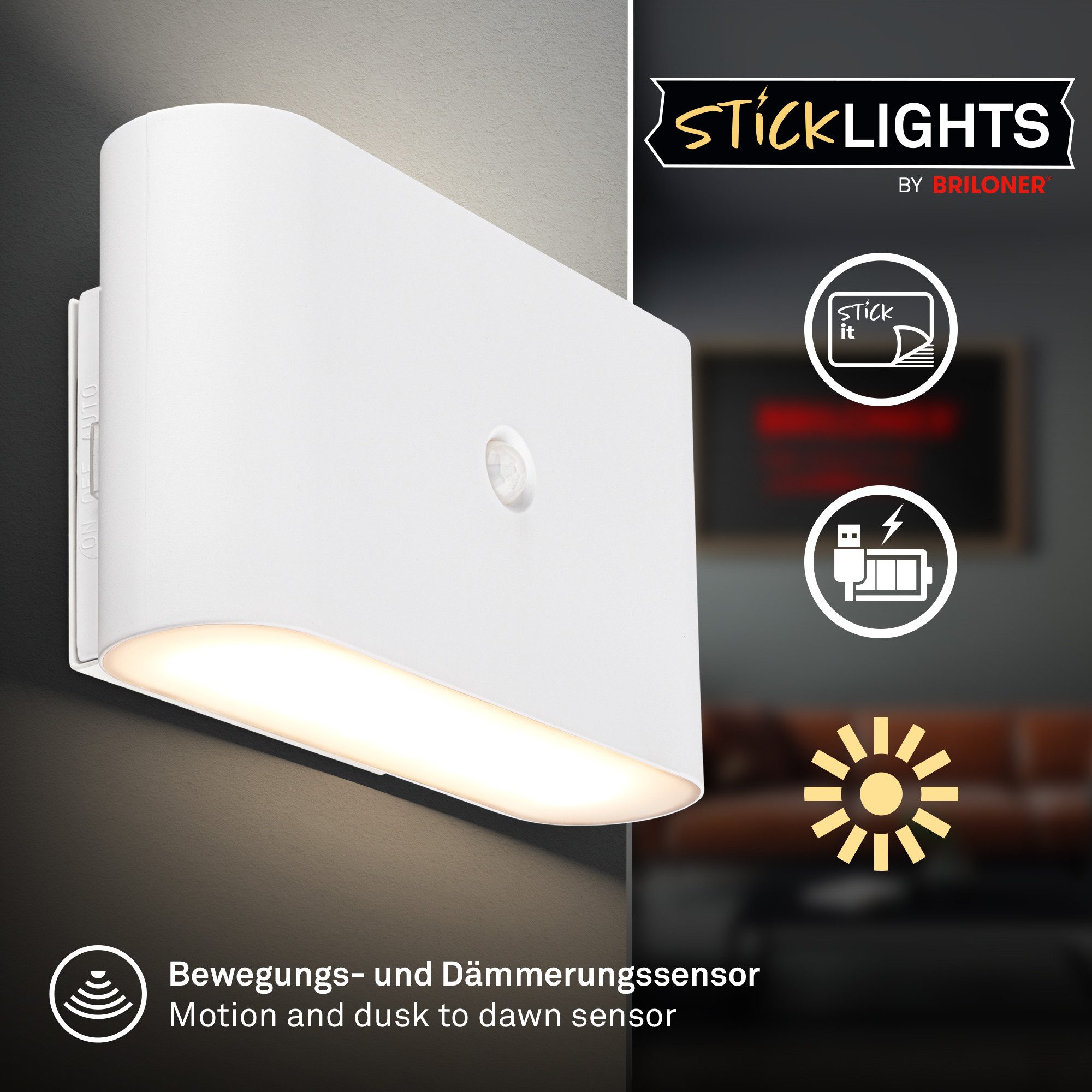 Briloner Leuchten LED Wandleuchte Akku Wandlampe kabellos UP-/Down-Strahler Sensor, LED fest integriert, 3000K, 16 x 9,5 x 6,5 cm Beige Schwarz Weiß 3W ohne Stromanschluss Flur