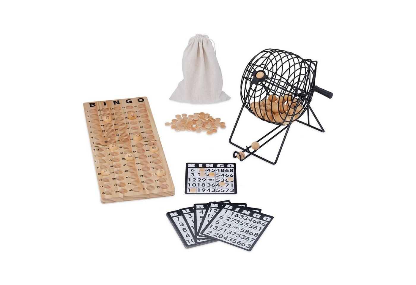 relaxdays Spiel Bingo-Spiel Set aus Holz, Bingo-Spiel Set aus Holz