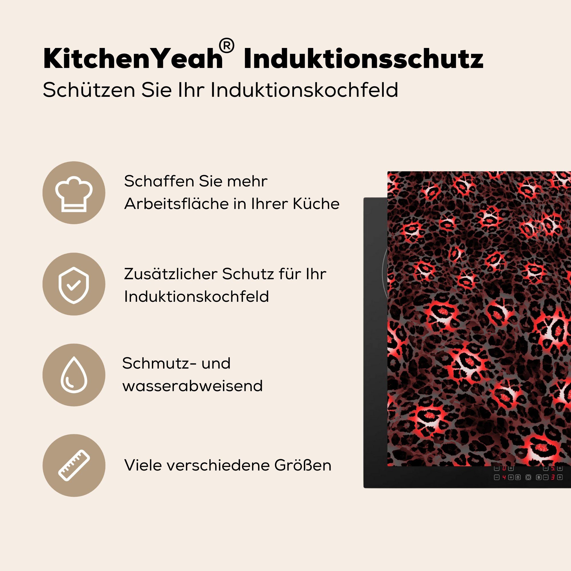 küche, - - (1 81x52 Herdblende-/Abdeckplatte für Leopard Vinyl, tlg), Design Ceranfeldabdeckung die cm, Schutz Induktionskochfeld MuchoWow Rot,