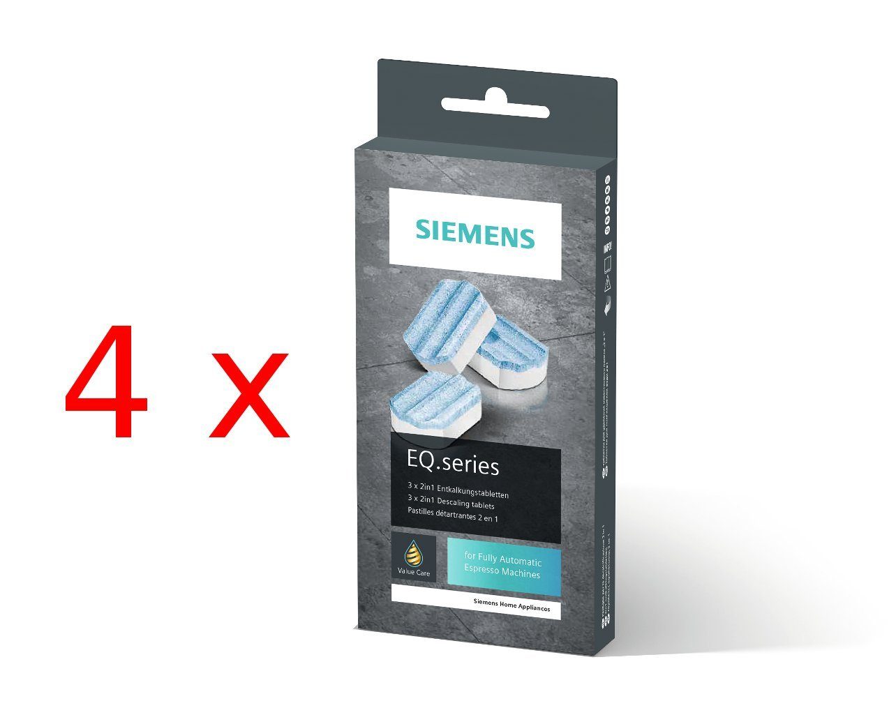SIEMENS 4x TZ80002A (12 Tabs) Entkalkungstabletten (Spar-Set, [- 4× TZ80002A mit je 3 Tabs – insgesamt 12 Entkalkungstabletten Original Siemens Entkalkungstabletten für EQ‑Series Kaffeemaschinen)