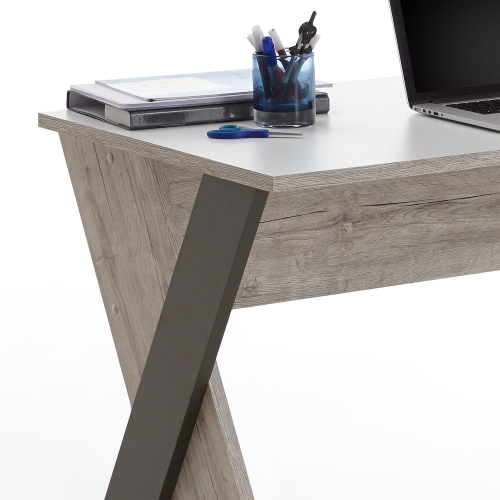 Lomadox Schreibtisch LEEDS-10, Schreibtisch Sandeiche Nb./weiß/Lava/Denim, BxHxT 135x76,4x67,5 cm