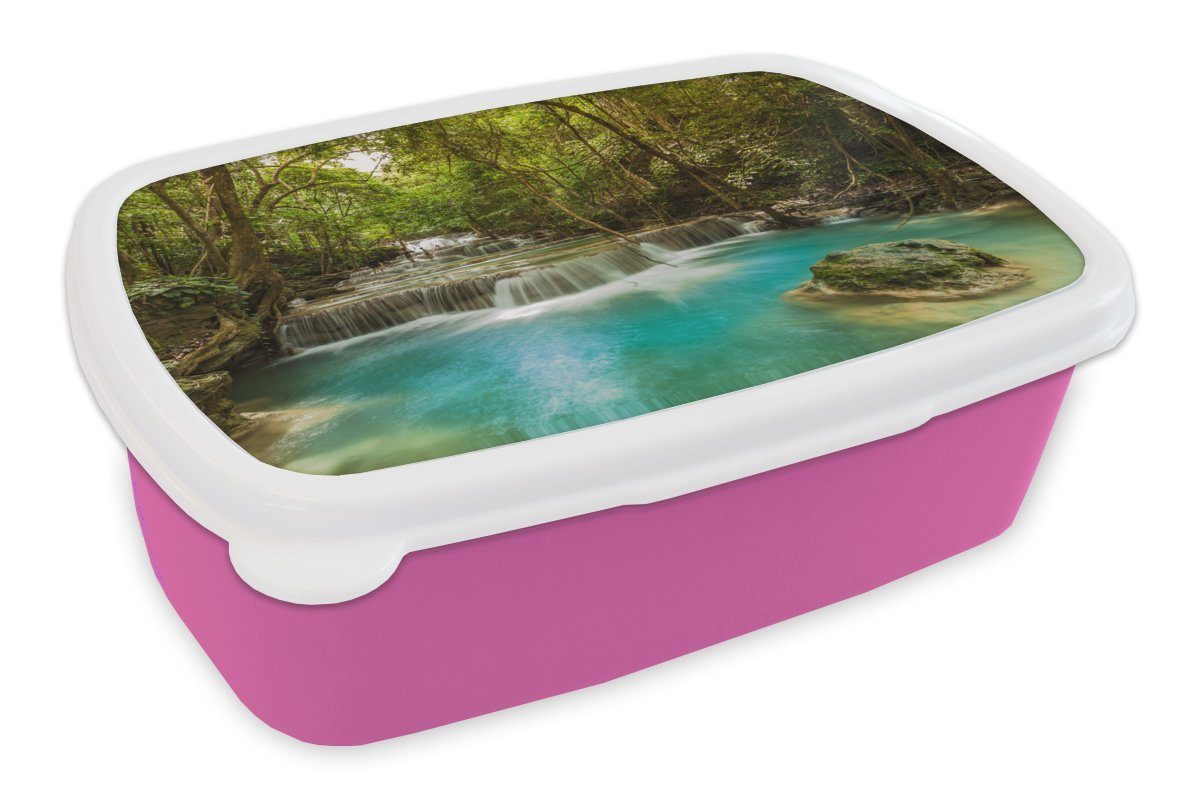 Brotbox Kunststoff, Grüne Mädchen, Wasserfall blaues und an Erwachsene, Snackbox, Kunststoff Lunchbox rosa im, für thailändischen einem MuchoWow Kinder, Bäume Wasser (2-tlg), Brotdose