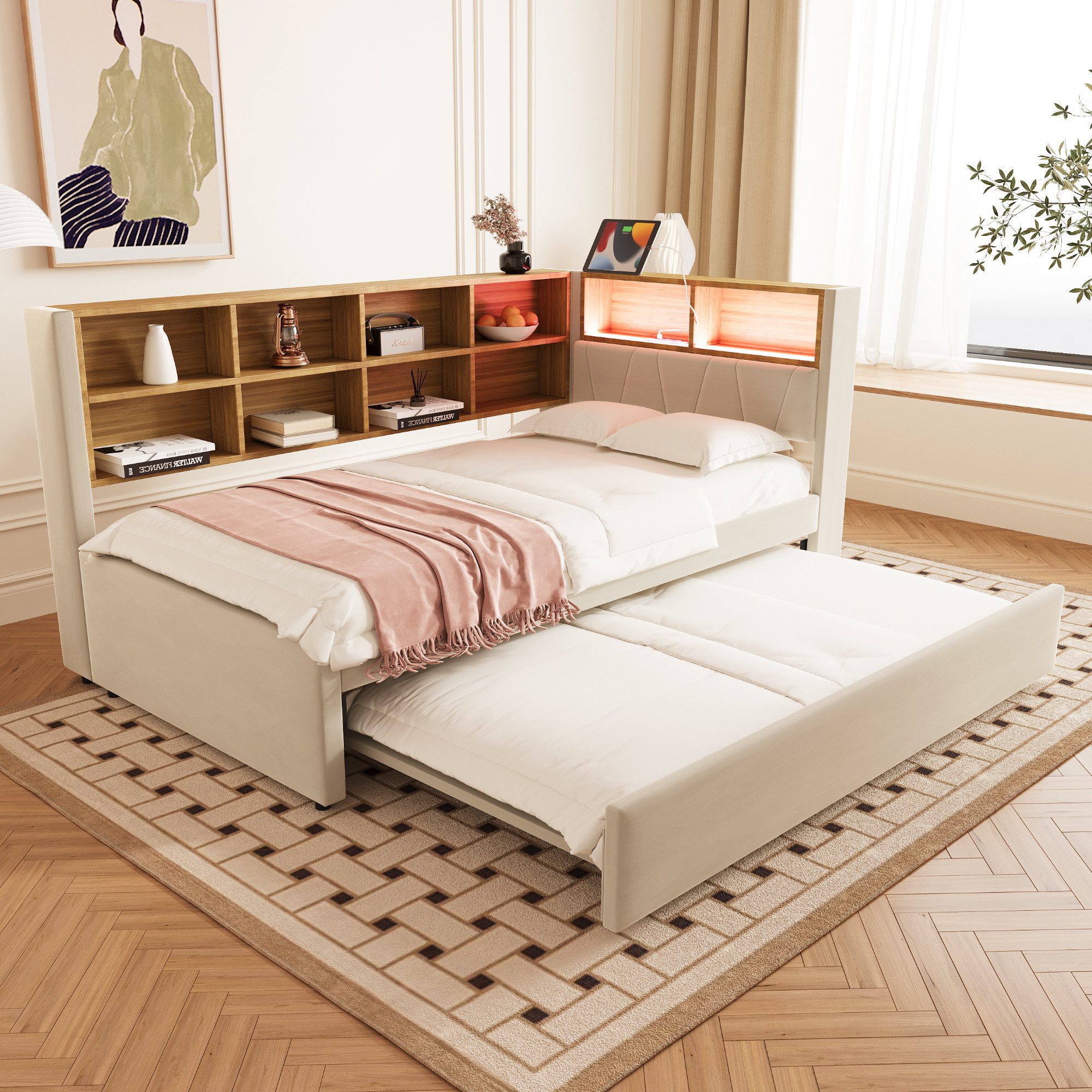 Merax Daybett 90x200cm mit Ausziehbett 90x190cm, Polsterbett Schlafsofa Tagesbett mit LED, Steckdosen und Ablagefächern