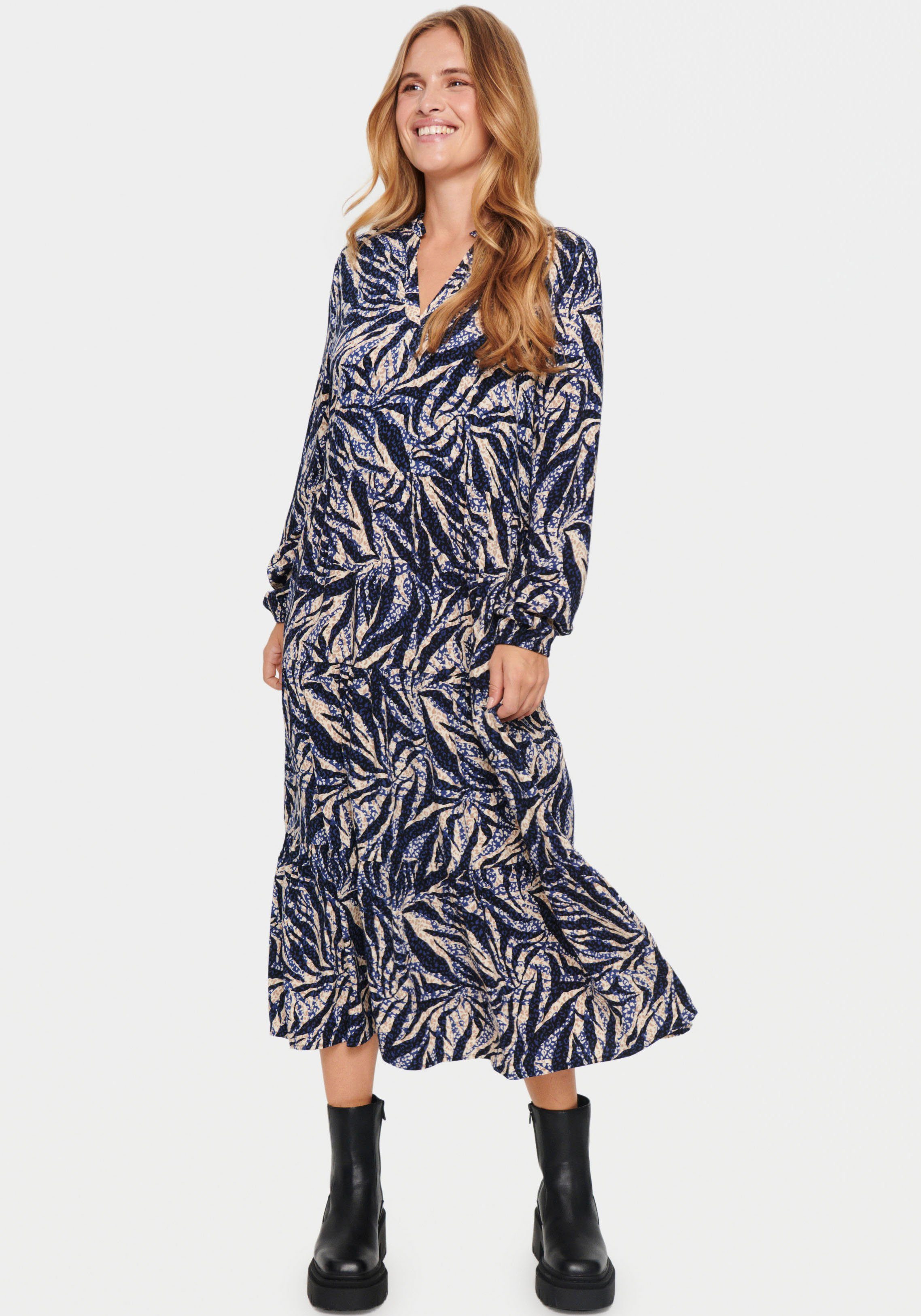 Saint Tropez Sommerkleid Zebra EdaSZ Maxi Dress mit Leaves Volant Black