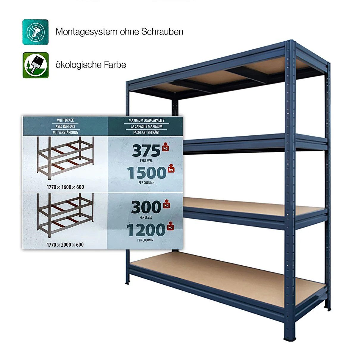 Floordirekt Schwerlastregal Weitspannregal, Erhältlich in 2 Größen, Standregal, Traglast bis 1500 kg – Bild 2 von 3
