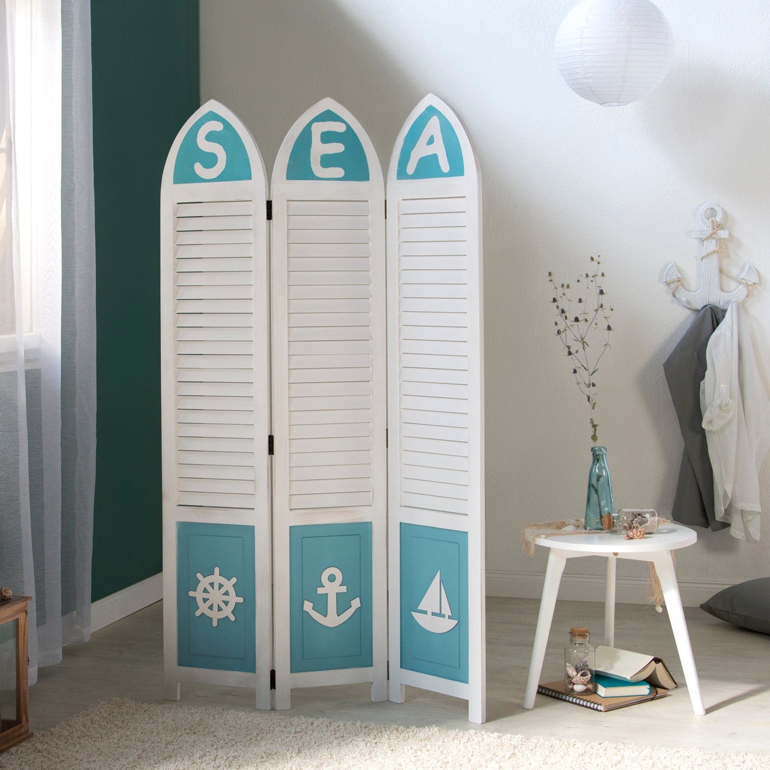 Homestyle4u Paravent Raumteiler Holz Trennwand Marine günstig online kaufen