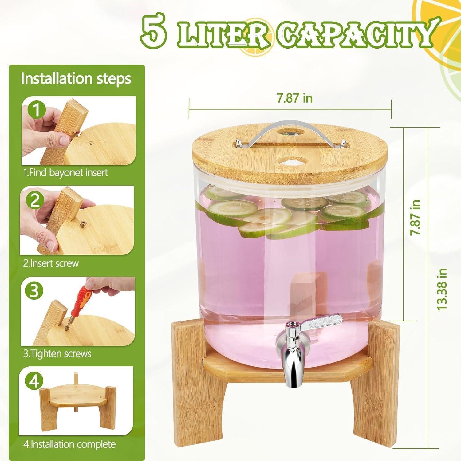 LuxusKollektion Getränkespender Getränkespender 5L Glas Hahn 5L-Glas mit Ständer aus Bambus
