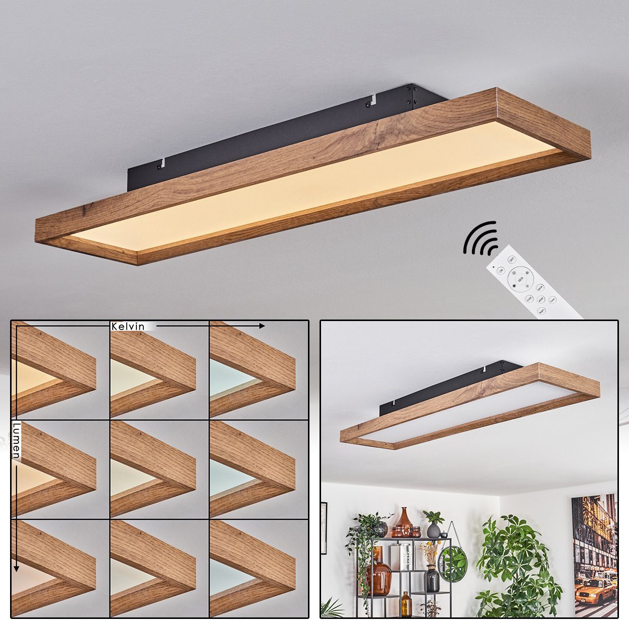 hofstein Deckenleuchte Deckenleuchte aus Metall/MDF/Kunststoff in Schwarz/Holzoptik/Weiß, LED fest integriert, 2700-6500 Kelvin, 220-2650 Lumen, dimmbar/Lichtfarbe änderbar über Fernbedienung