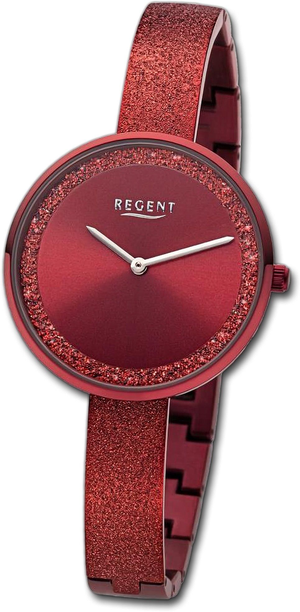 Regent Quarzuhr Regent Damen Armbanduhr rot, rundes Gehäuse, Analog, extra Damenuhr groß (ca. 34mm) Metallarmband