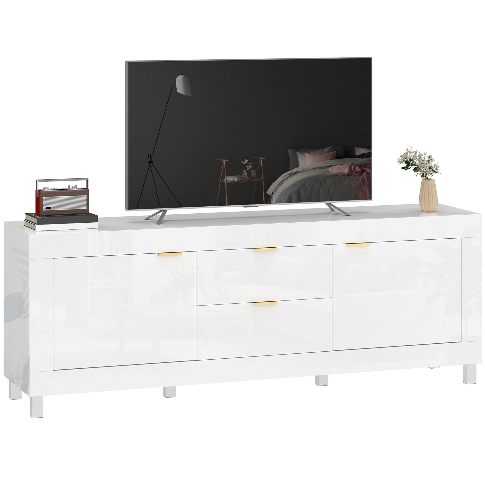 HOMCOM Lowboard TV-Schrank für Fernseher bis 75 Zoll 180x40x66 cm Soft-Close-Türen (Hochglanz Fernsehtisch, 1 St., TV-Bank), für Wohnzimmer Schlafzimmer Hochglanz Weiß