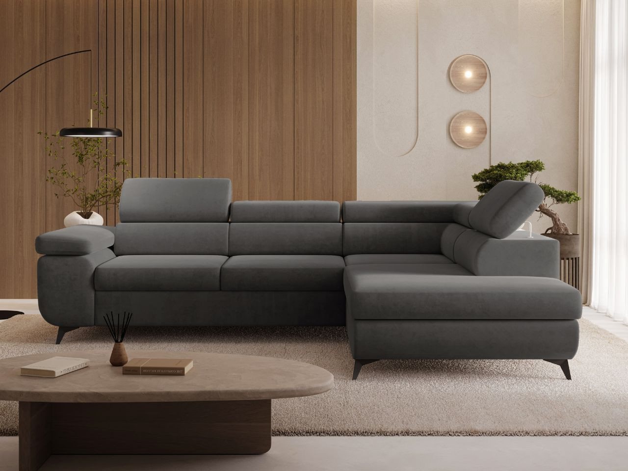 GrainGold Ecksofa L-Form Argon L, Set, Wellenfederkern, Bettkasten, Verstellbare Kopfstützen, Schlaffunktion