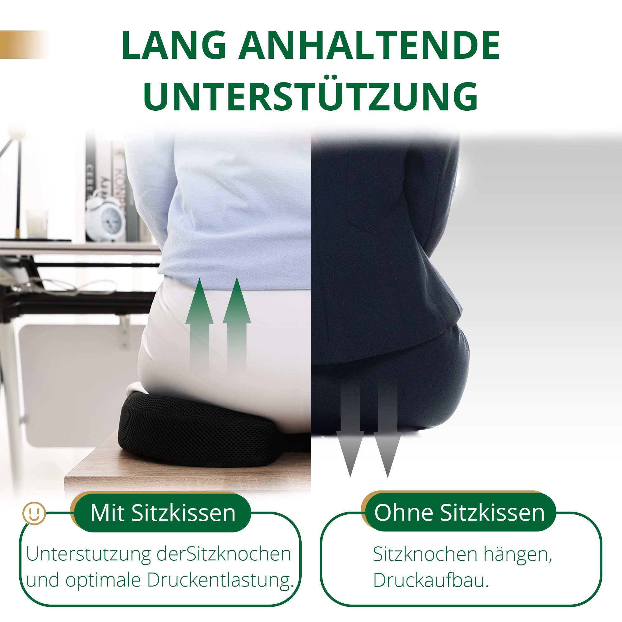emerspring Sitzkissen Ergonomisches Keilkissen Charcoal Memory Foam Steißbeinkissen, Sitzkissen für Büro, Auto & Reisen mit Druckentlastung