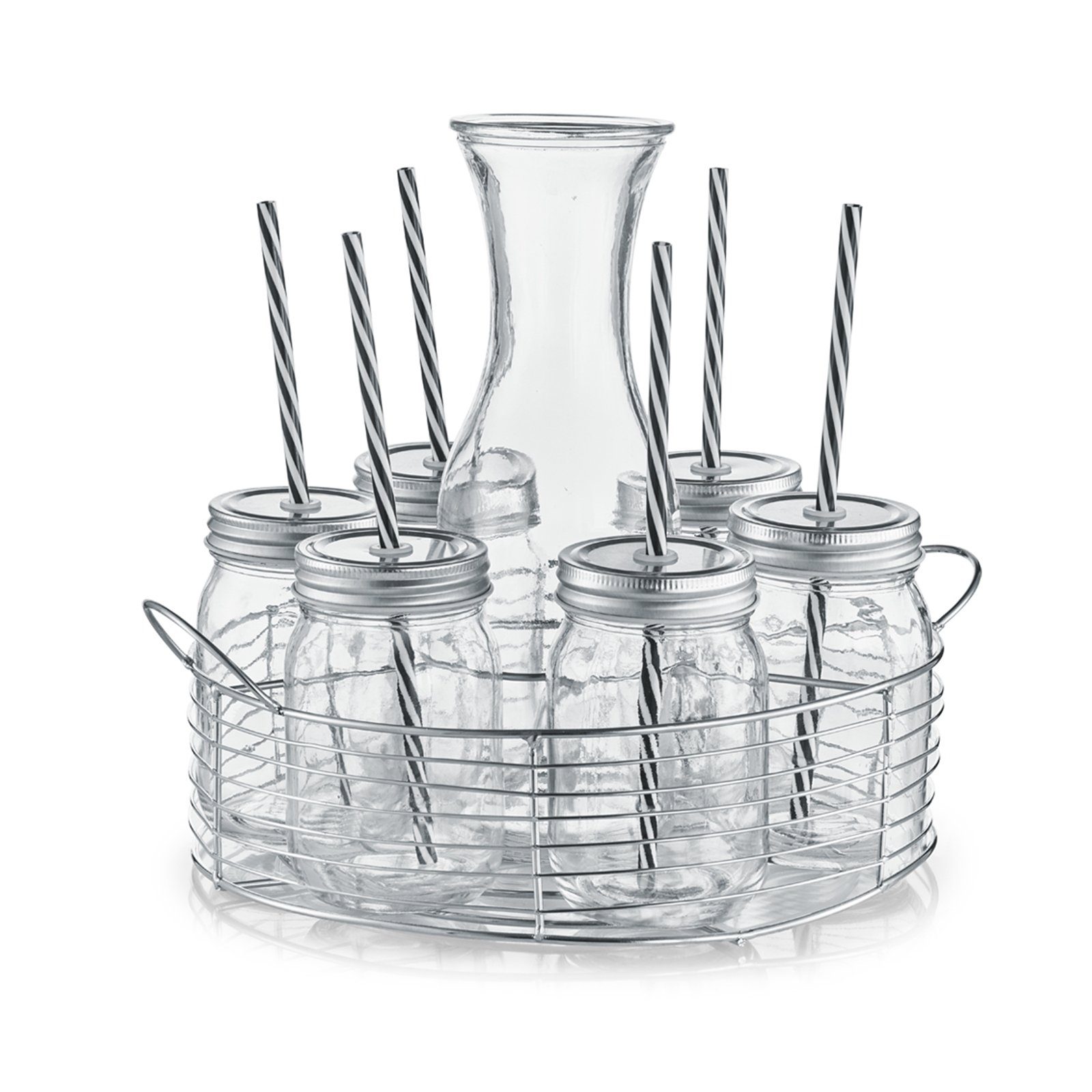 Zeller Present Karaffe Gläserset mit Glaskaraffe 8-teilig, (1 Glaskaraffe, 6 Trinkgläser mit Deckel und Strohhalm, 1 Metallkorb), Trinkgläser mit Deckel und Trinkhalm