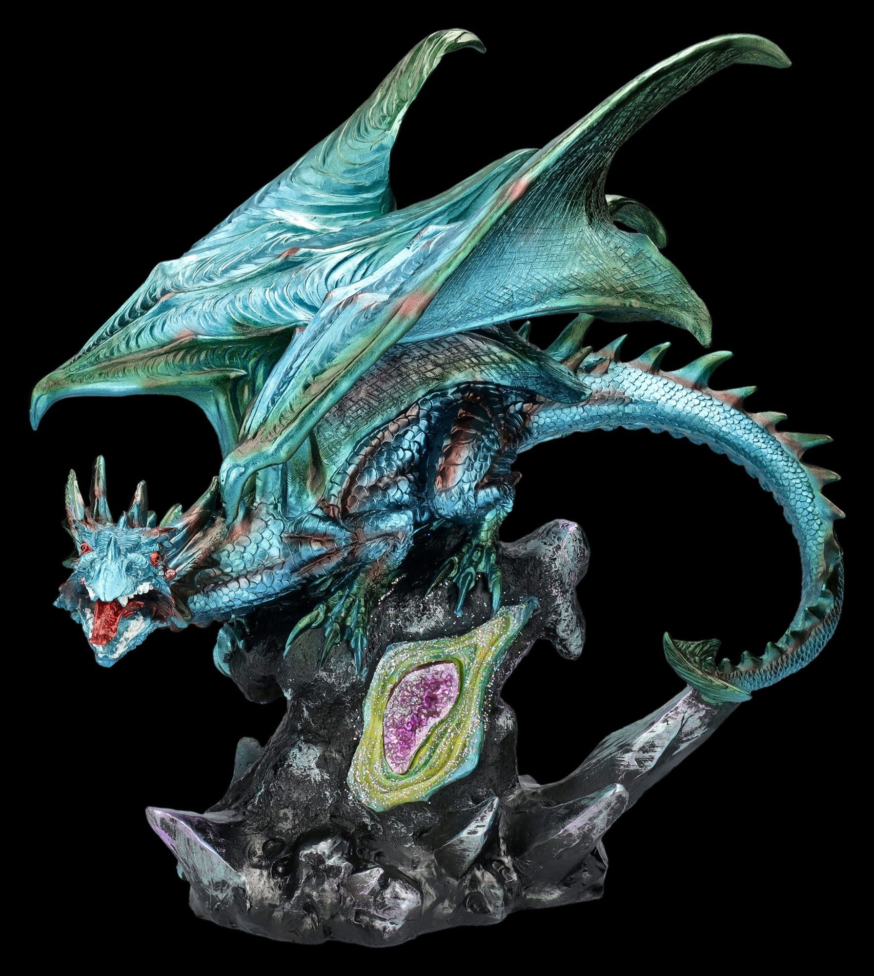 Figuren Shop GmbH Dekofigur Drachenfigur auf Geodenstein - Fantasy Dekofigur Drache Dekoration