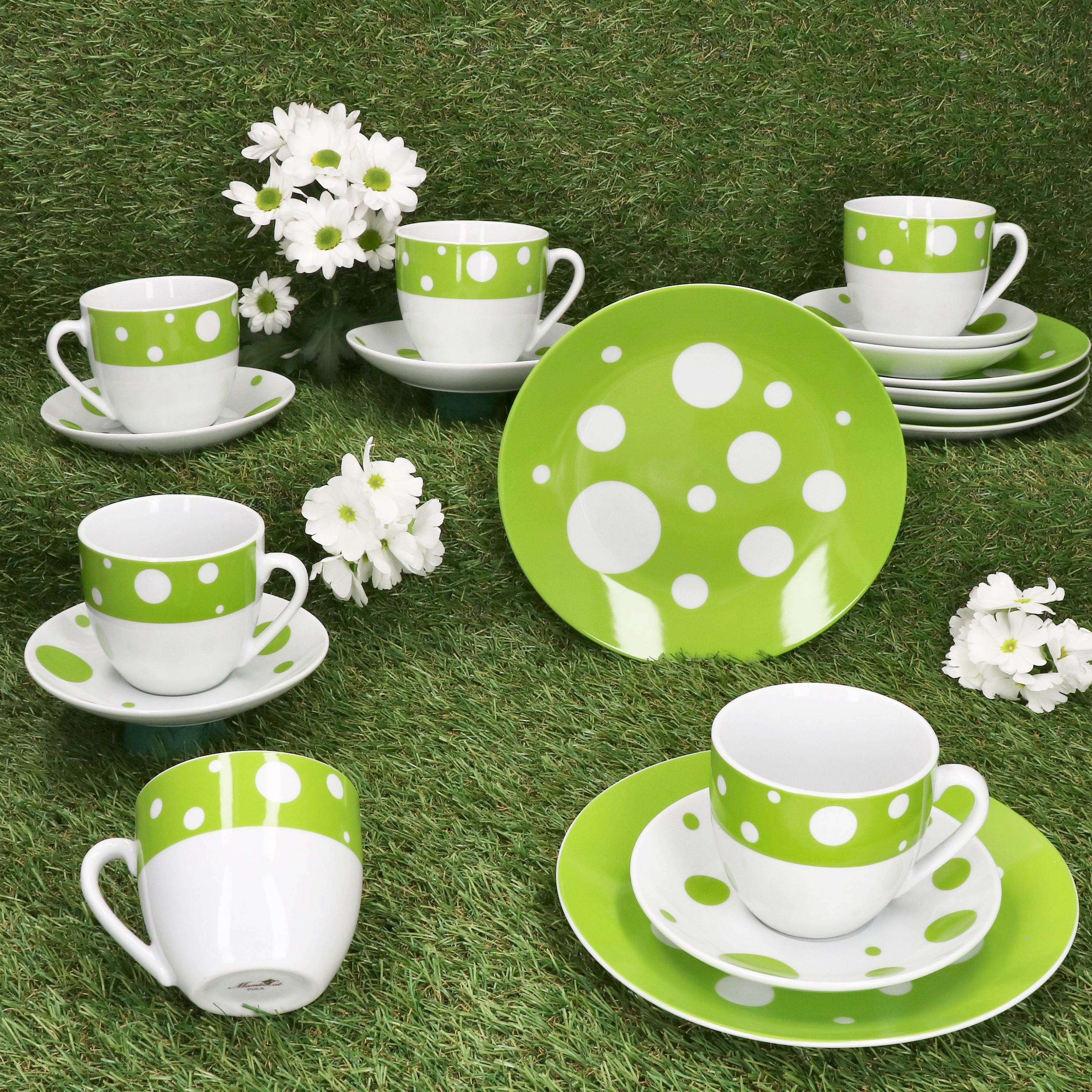 MamboCat Kaffeeservice 18tlg Kaffeeservice Pula grün Porzellan 6 Pers. Tassen Teller Punkte, Porzellan