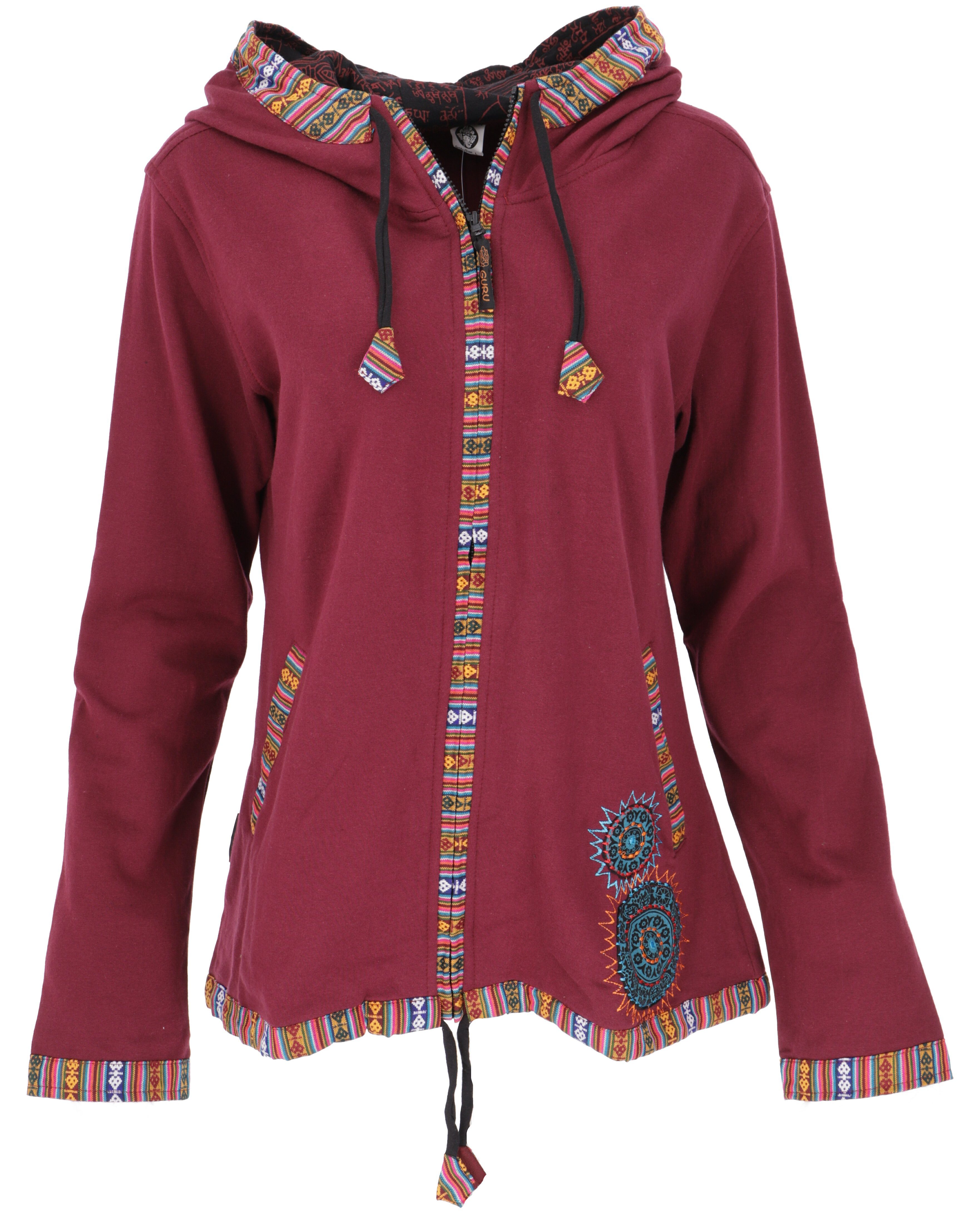 Guru-Shop Langjacke Nepal Ethno Jacke, bestickte Boho Jacke -.. alternative Bekleidung bordeauxrot