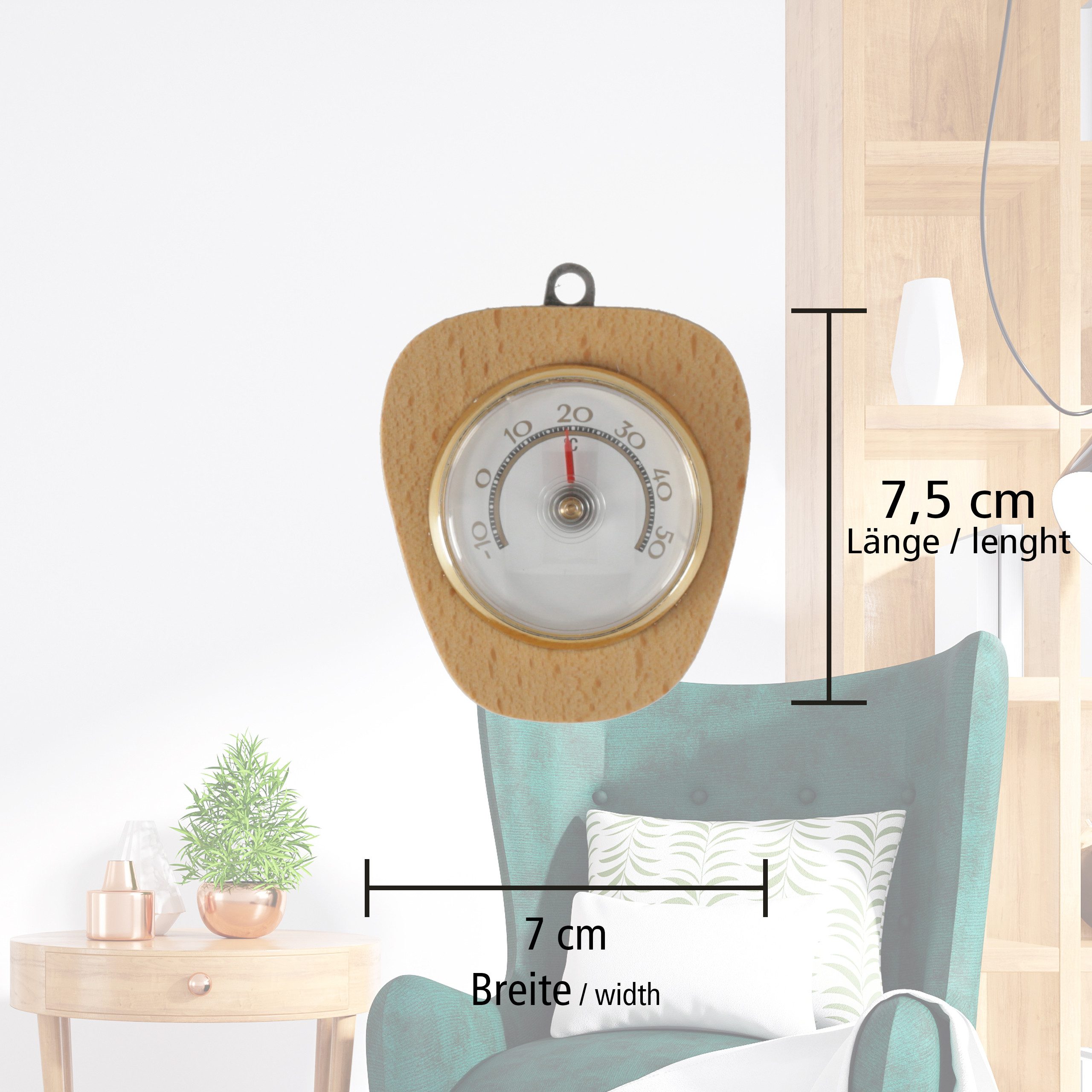 Lantelme Raumthermometer Bimetall Holz Thermometer Zimmer Innenthermometer Analog, Mit Metallöse zum aufhängen, Temperaturanzeige -10 °C bis 50 °C, Deutsche Herstellung, 7,5 x 7 cm