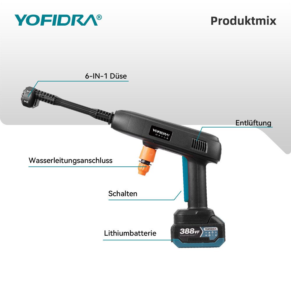 Yofidra Akku-Hochdruckreiniger 45 Bar Mobiler Hochdruckreiniger mit 2 x Akkus, 6-in-1 Düse, Druck max: 40 bar, 400 W, 336l/h Druckreiniger für Autos, Terrasse, Fenste, Garten