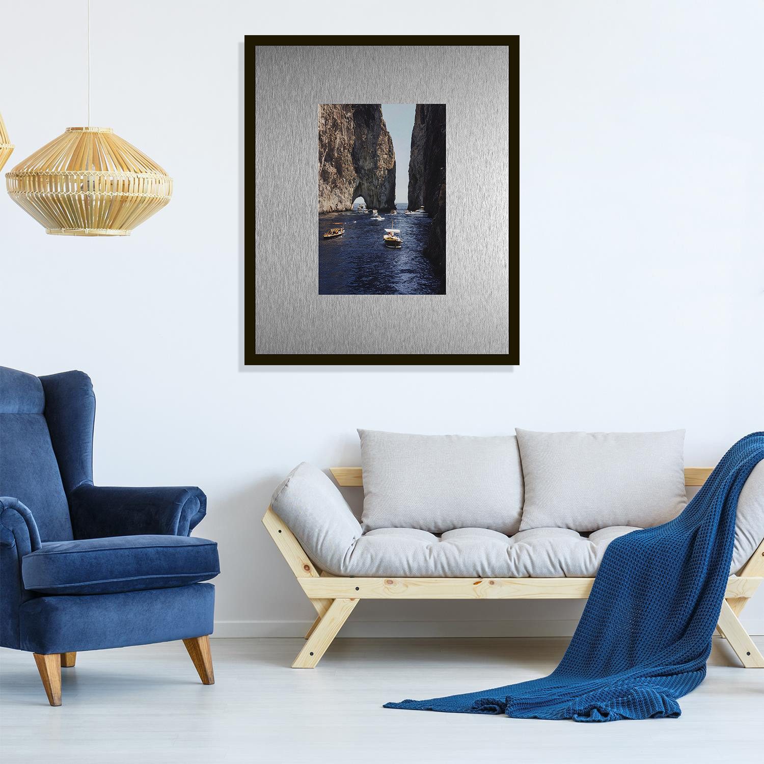 queence Bild Trend Wandbild, Wandkunst, Kunstdruck "Meer und Boote", Boote & Schiffe, Meer Bilder, Wasser (1 St), inkl. Passepartout aus hochwertigem Aluminium und schwarzem Rahmen