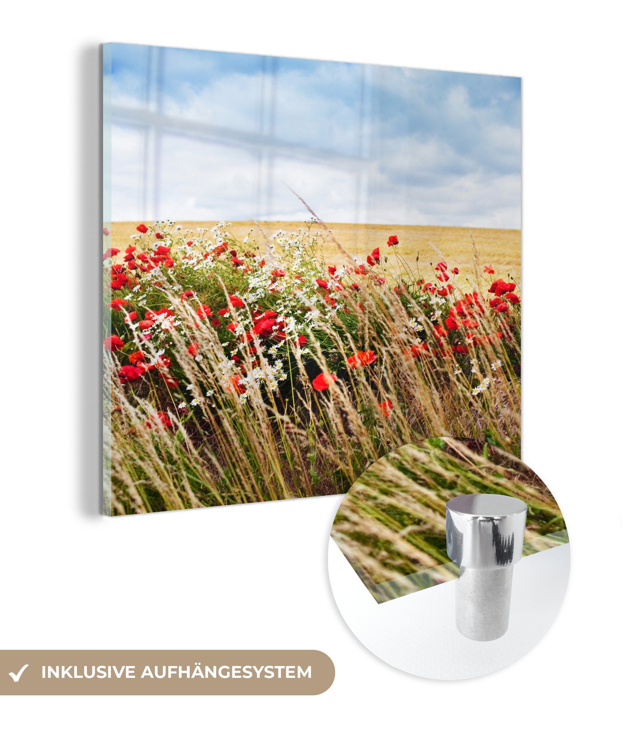 MuchoWow Acrylglasbild Wolken - Blumen - Rot, (1 St), Glasbilder - Bilder auf Glas Wandbild - Foto auf Glas - Wanddekoration
