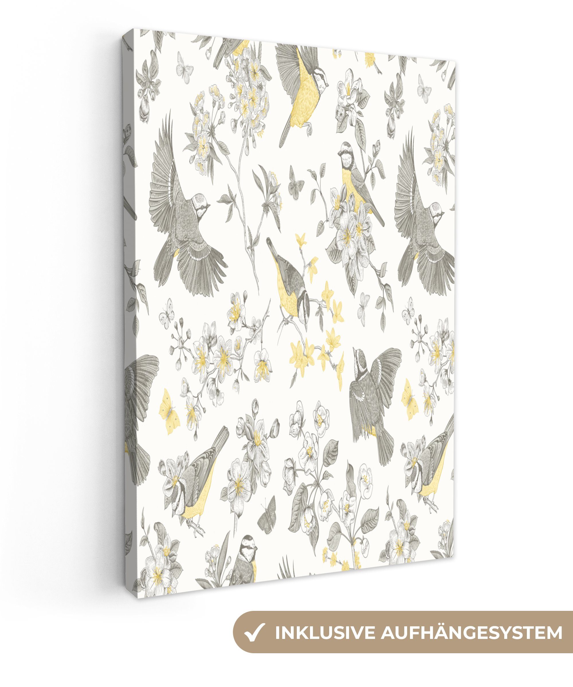 OneMillionCanvasses® Leinwandbild Blumen - Vogel - Blätter, (1 St), Leinwandbild fertig bespannt inkl. Zackenaufhänger, Gemälde, 20x30 cm