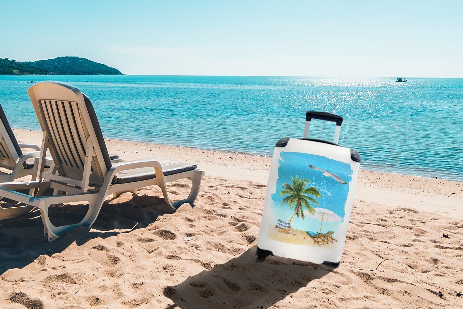 Trolley, Strandkorb 4 Ferien, rollen, - für mit Palme Reisetasche Himmel, MuchoWow - Reisekoffer Handgepäckkoffer Rollen, Sonnenschirm - Handgepäck