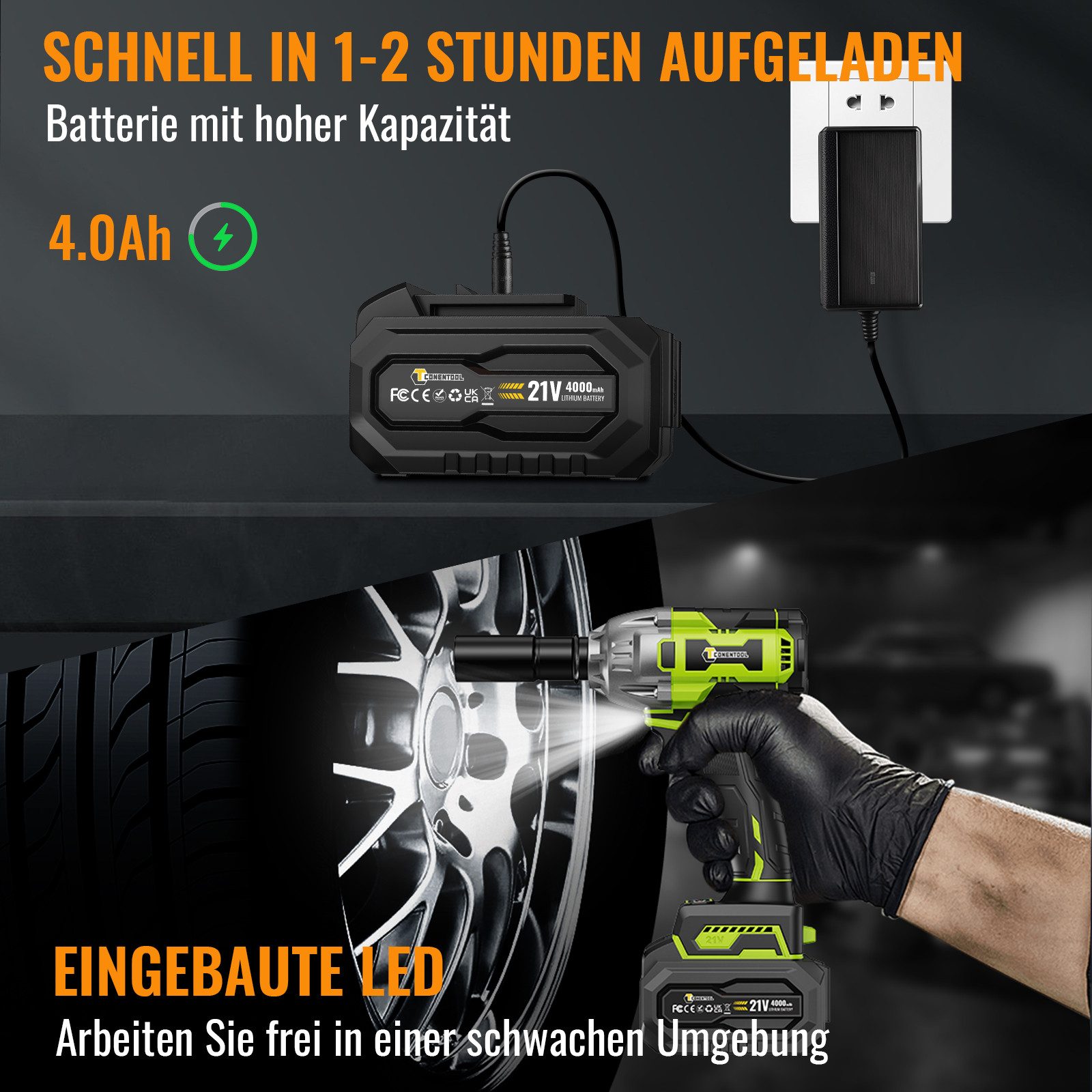 CONENTOOL Akku-Schlagschrauber 520Nm Akku Schlagschrauber 21V 4000mAh, 3300 U/min, (Set, 7-tlg., 4,0Ah Akku), 1/2" & 1/4", für Auto Reifenwechsel & Heimwerken