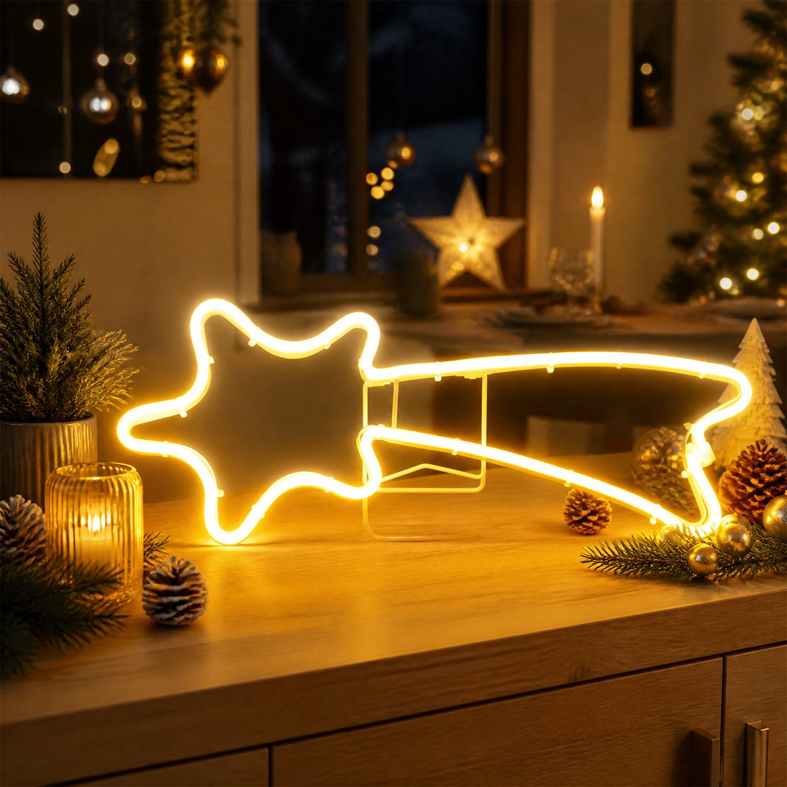 Salcar LED-Lichterkette 300er LED Neonlicht Stern 50-90cm Außen Sternschnuppe Weihnachtslicht, Ø50cm Fenster LED Lichterkette Garten Weihnachtsdeko Warmweiß