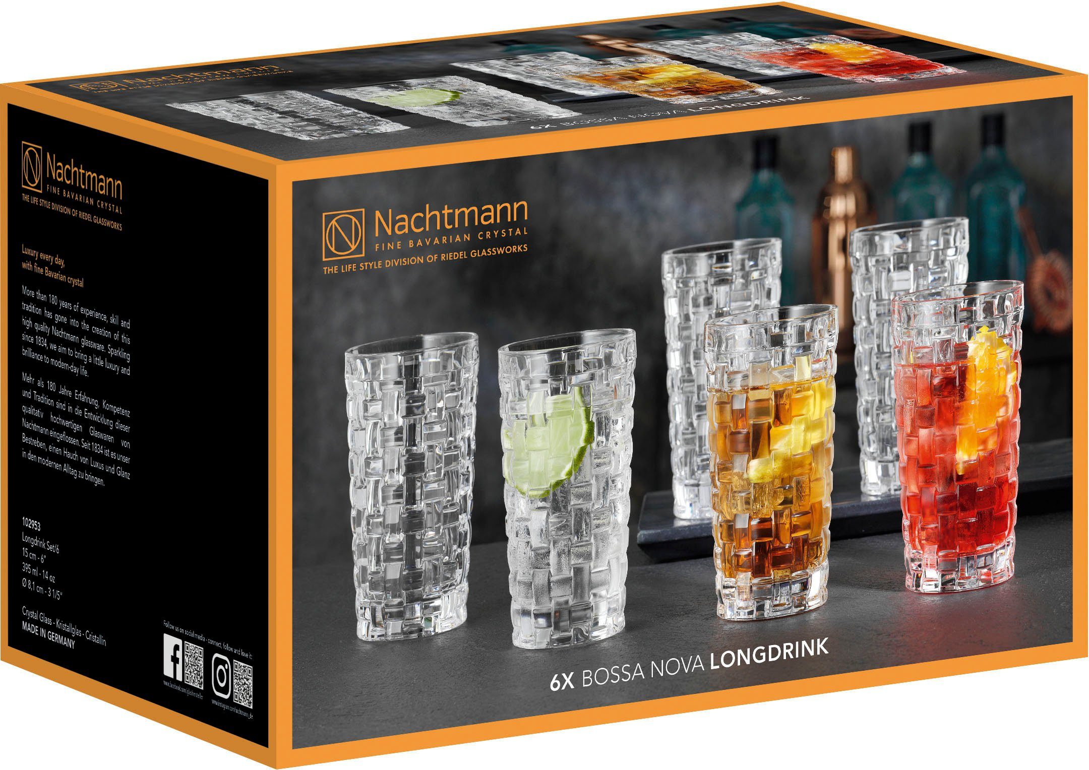 Nachtmann Longdrinkglas Bossa Nova, 6-tlg., Kristallglas, Made in Germany, 520 ml, 6-teilig
