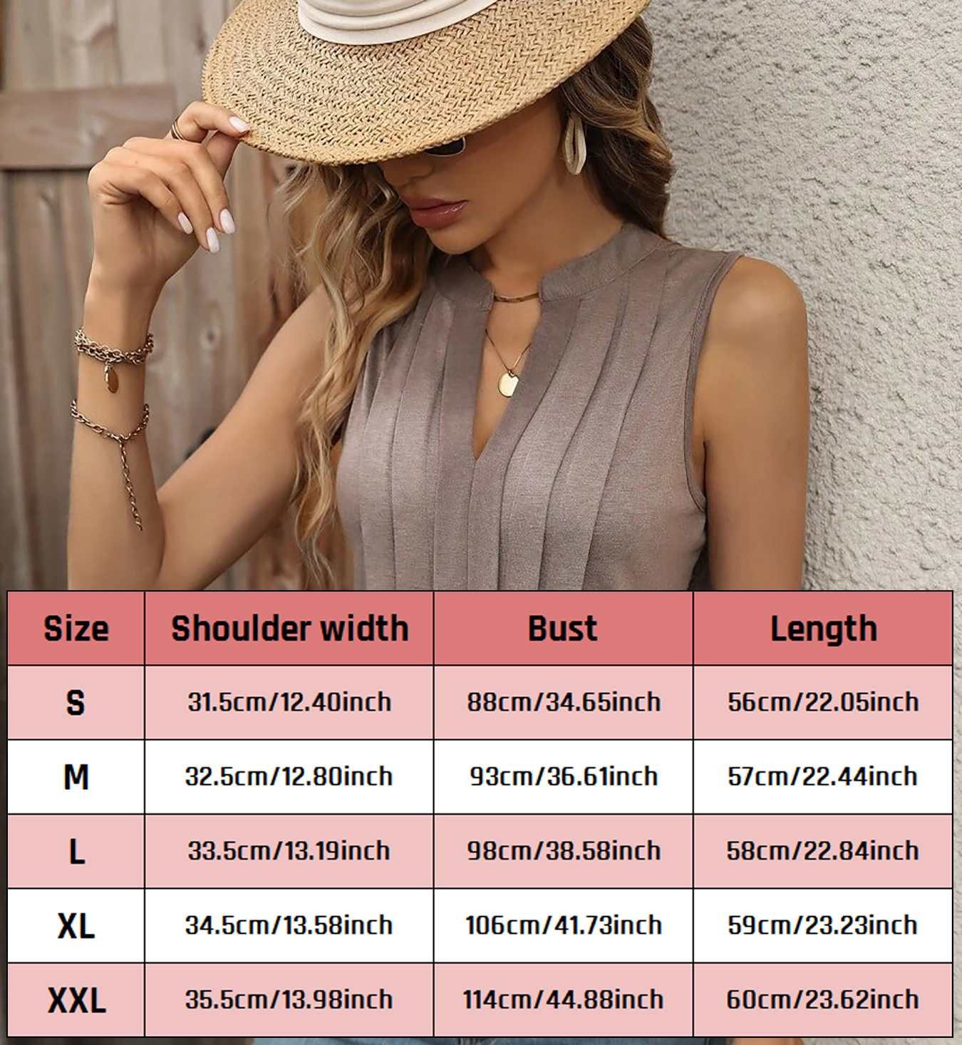 DEBAIJIA Kurzweste Damen Tank Top Plissee V-Ausschnitt Ärmellos T-Shirt Sommer Elegant – Bild 2 von 5