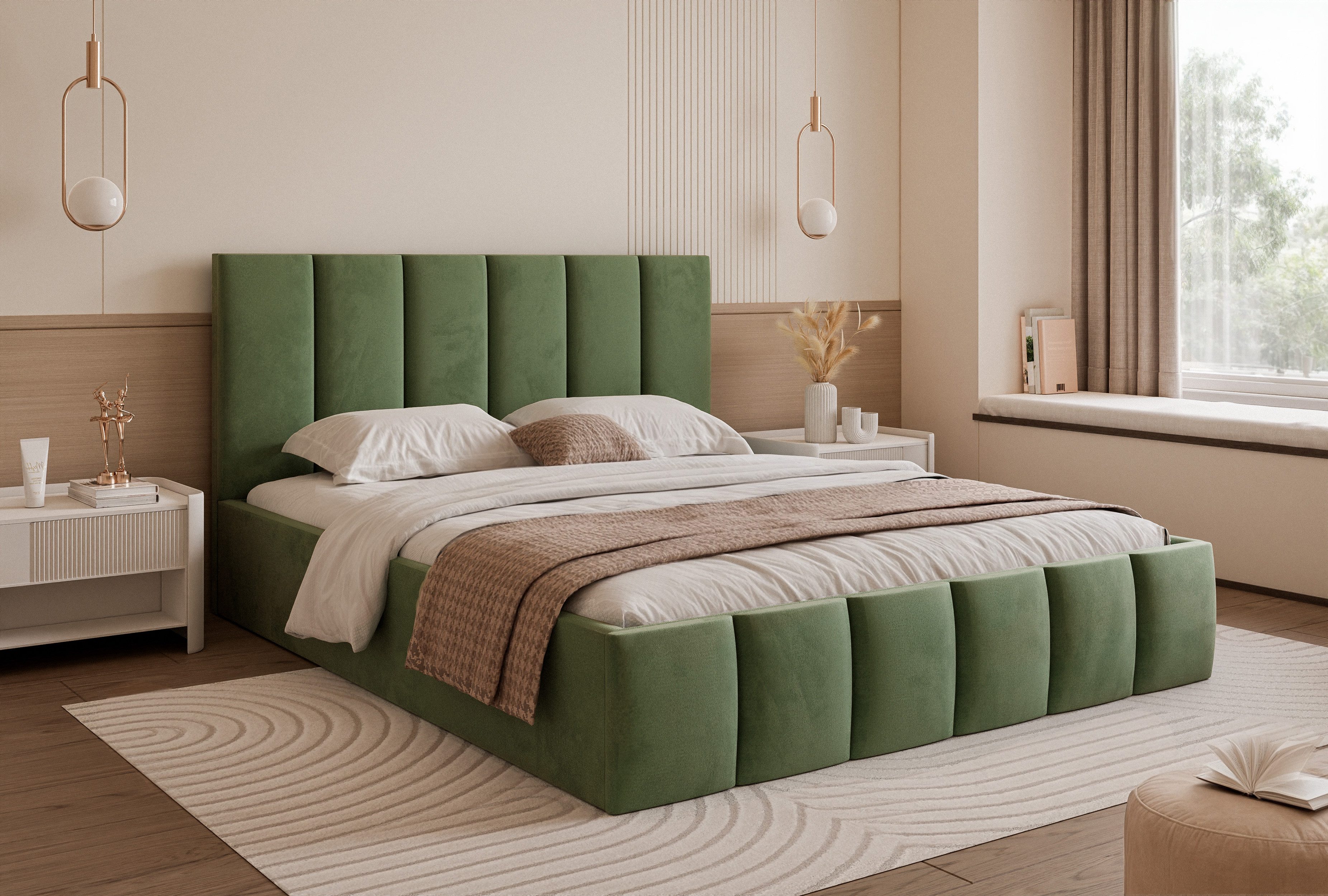 Goldstoff Polsterbett Modernes Designbett "MAESTRO" mit Stauraum und elegantem Kopfteil (120–200x200 cm, Kopfteilhöhe: 90/110 cm, Seitenhöhe: 30 cm), Elegantes Designbett mit integriertem Stauraum und Komfortkopfteil