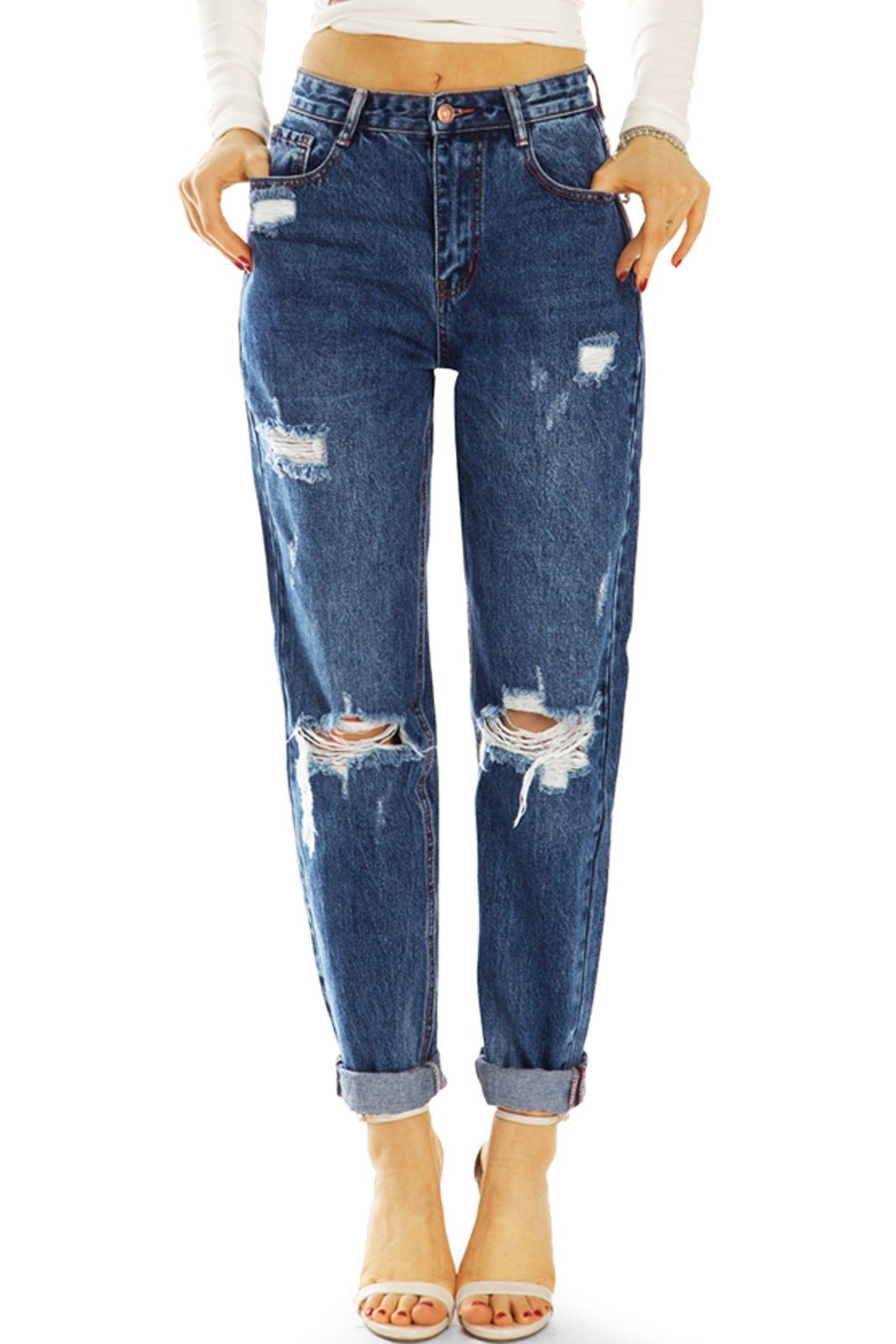 be styled Mom-Jeans »Mom Jeans Boyfriend High Waist Hose - Destroyed Locker  Bequem - Damen - j15f-1« High Waist, 5-Pocket-Style