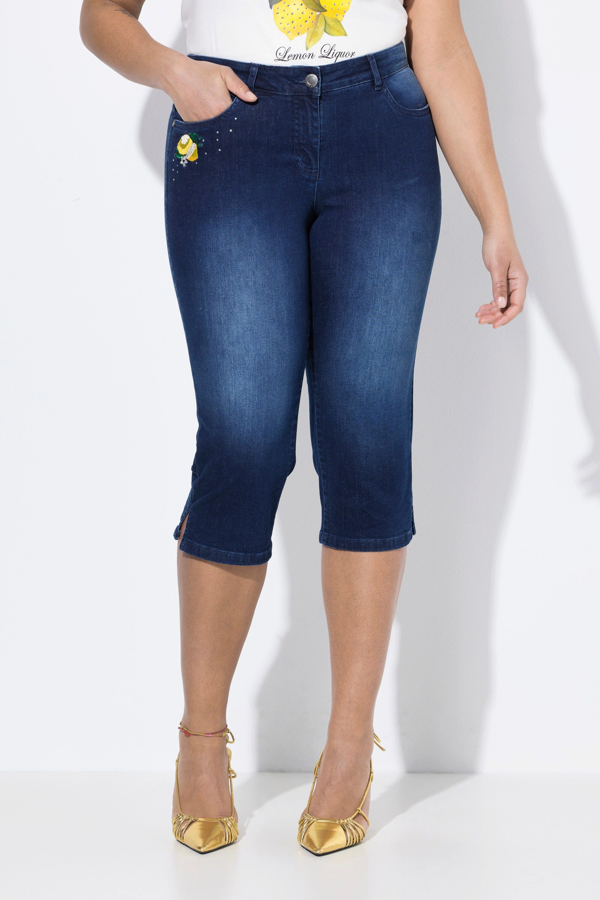 MIAMODA Regular-fit-Jeans 3/4-Caprijeans Carrie Zitronen-Stickerei