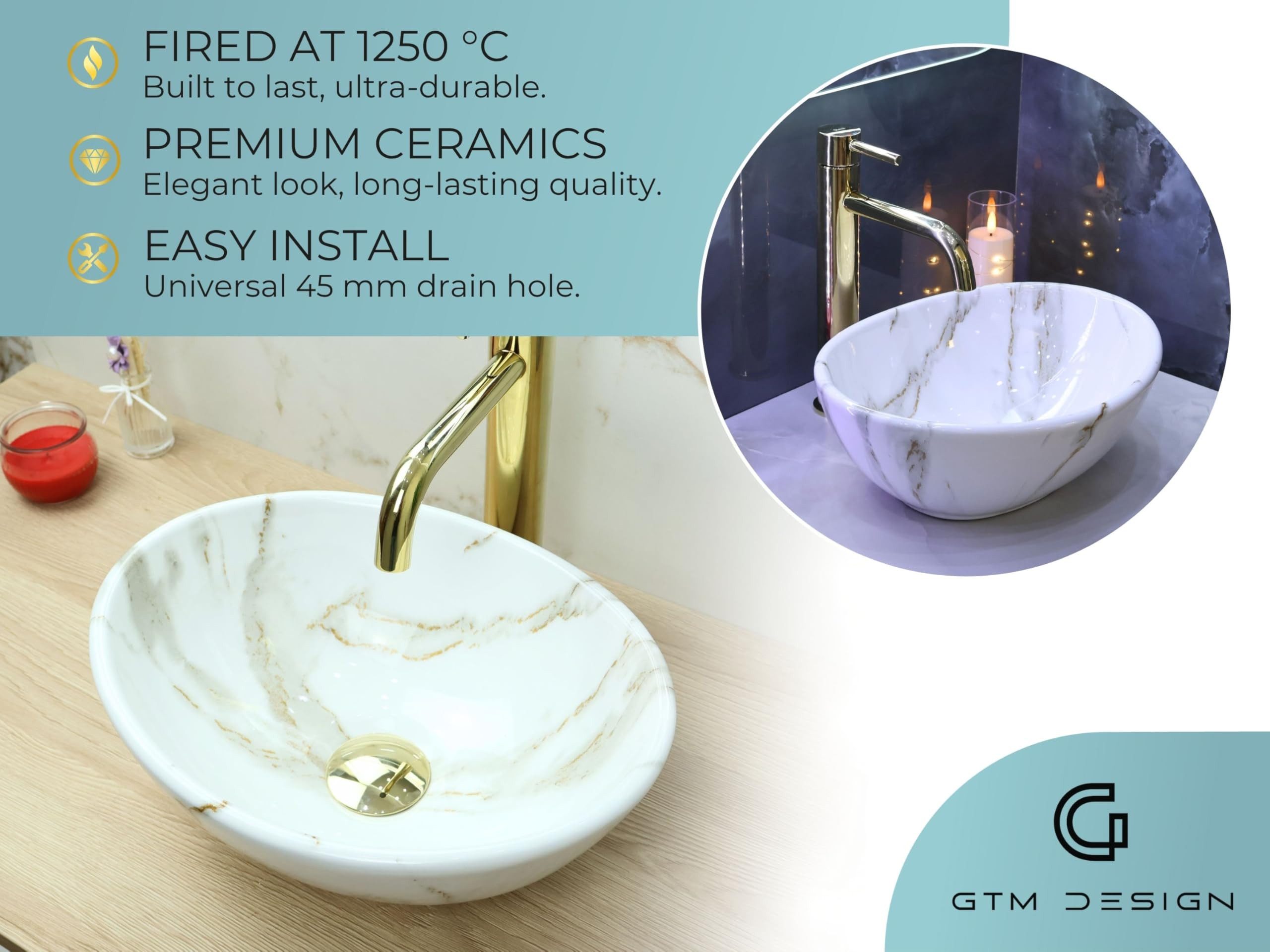 GTM Design Aufsatzwaschbecken Modern Waschbecken ohne Hahnloch Elegant Aufsatzwaschbecken Oval