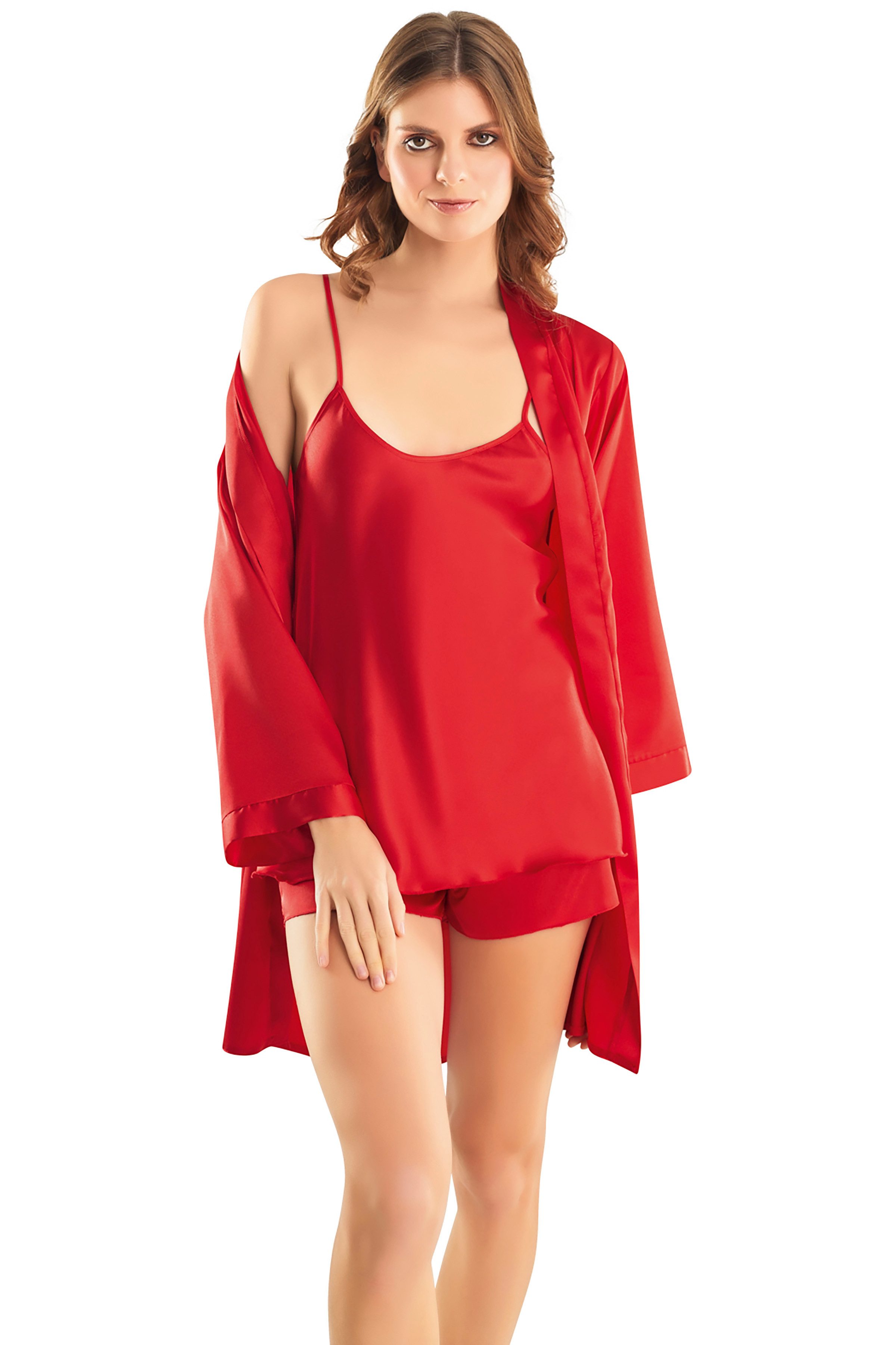 Nachthemd Damen 3-teiliges Satin-Pyjama-Set mit Shorts und Kimono günstig online kaufen